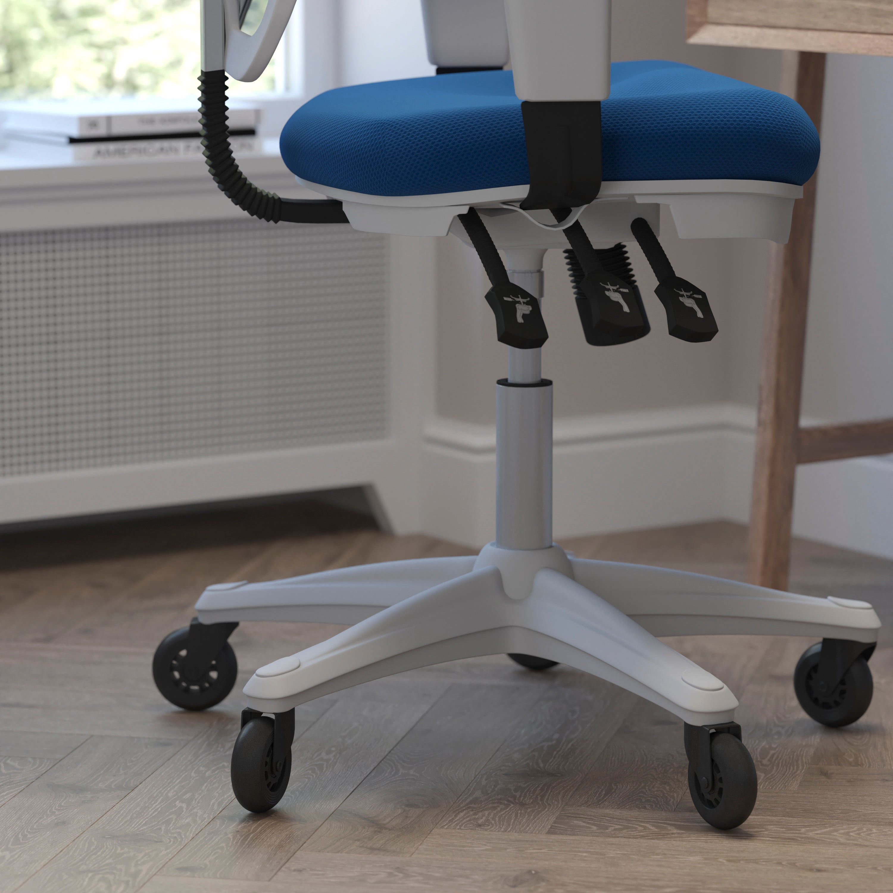 Nicholas Mid-Back Blue Mesh Multifunction Executive Ergonomic Office Chair with Adjustable Arms, Transparent Roller Wheels, and White Frame