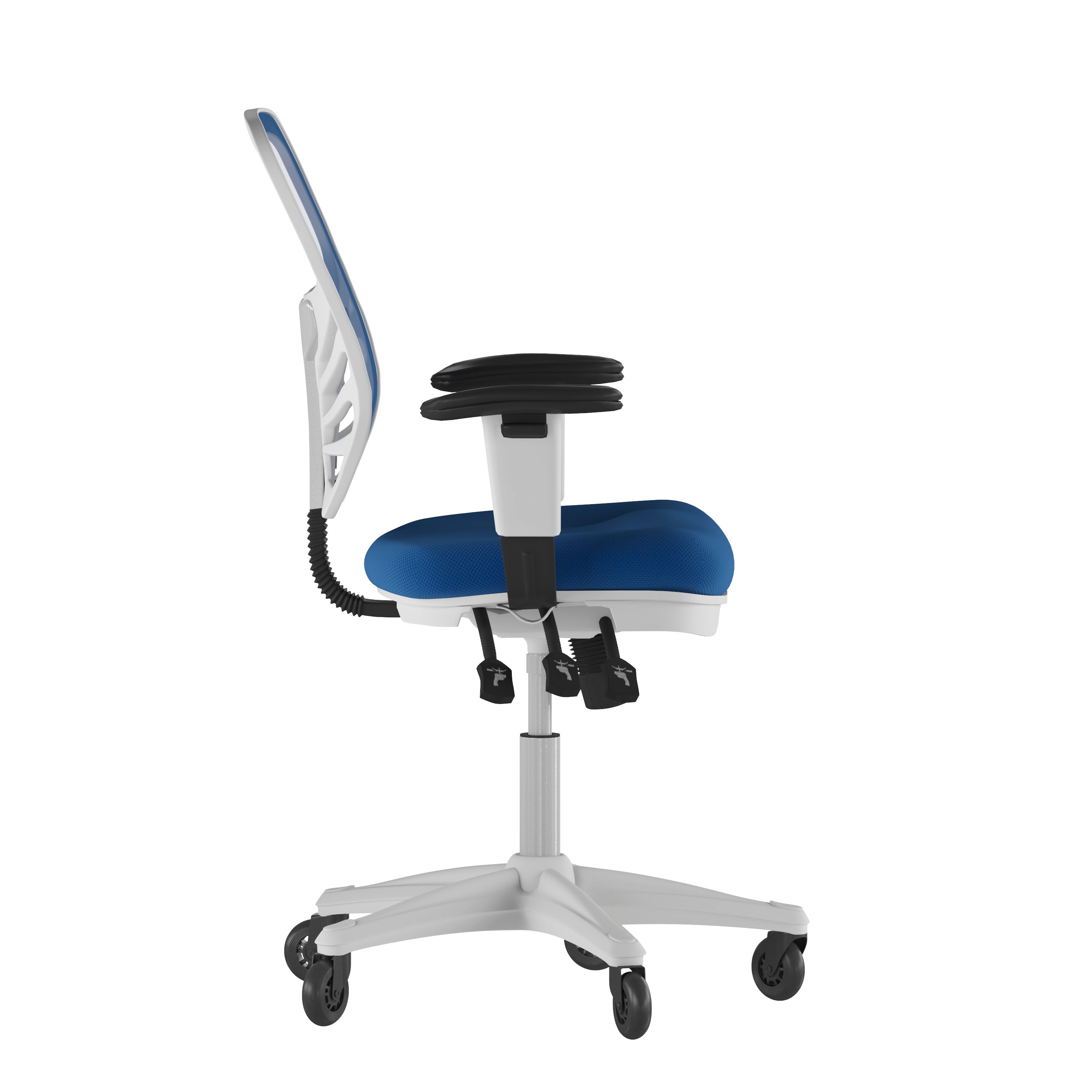 Nicholas Mid-Back Blue Mesh Multifunction Executive Ergonomic Office Chair with Adjustable Arms, Transparent Roller Wheels, and White Frame