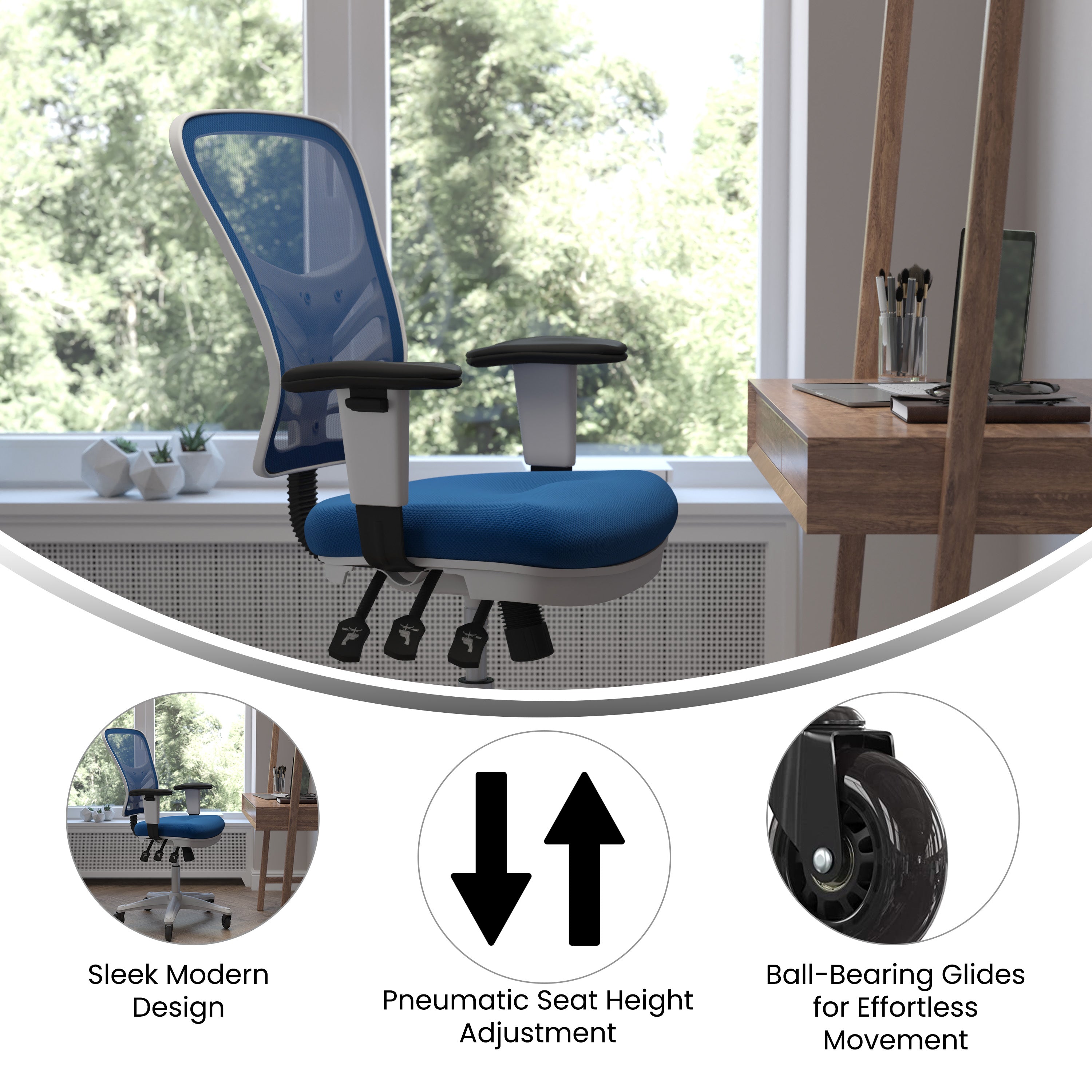 Nicholas Mid-Back Blue Mesh Multifunction Executive Ergonomic Office Chair with Adjustable Arms, Transparent Roller Wheels, and White Frame