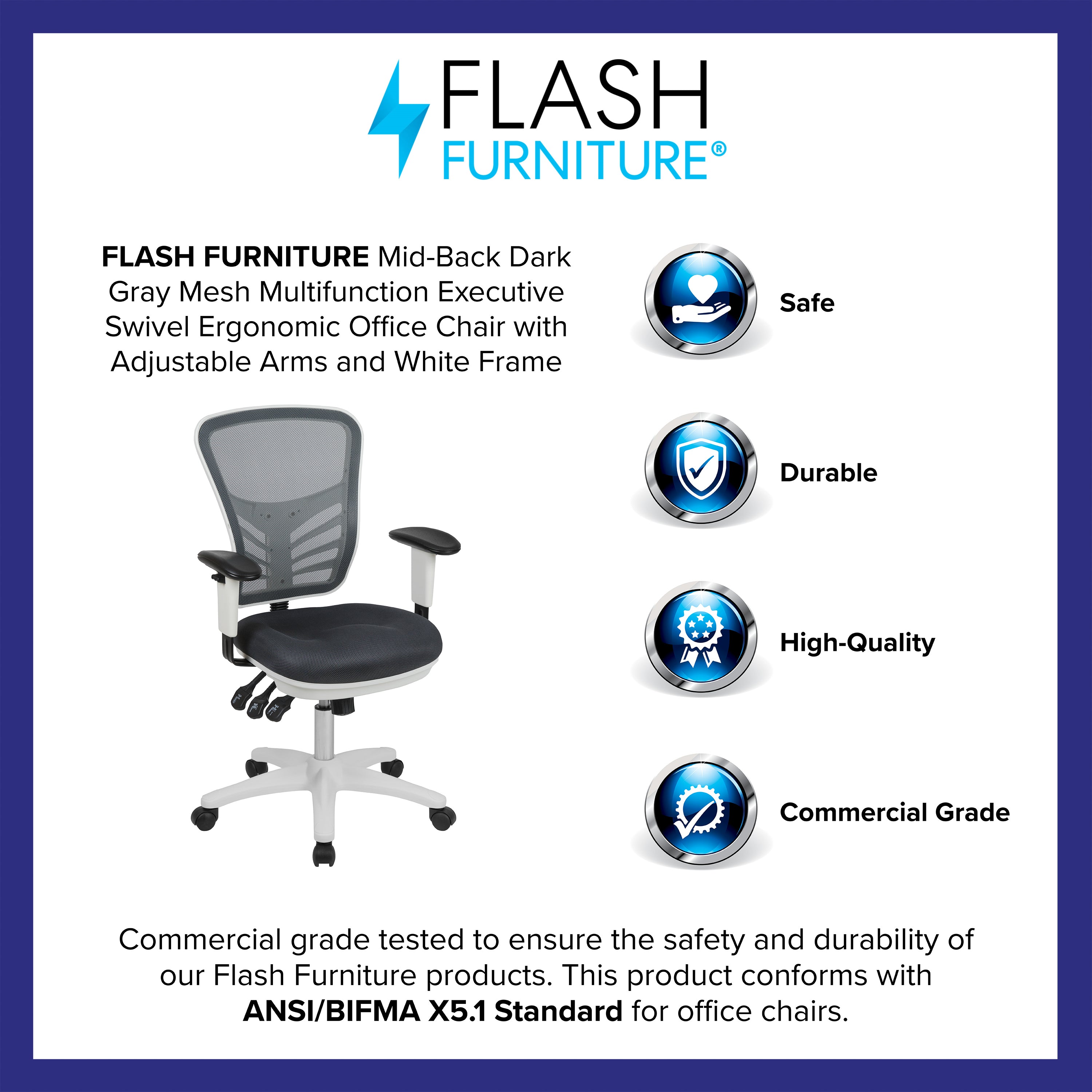 Nicholas Mid-Back Dark Gray Mesh Multifunction Executive Swivel Ergonomic Office Chair with Adjustable Arms and White Frame