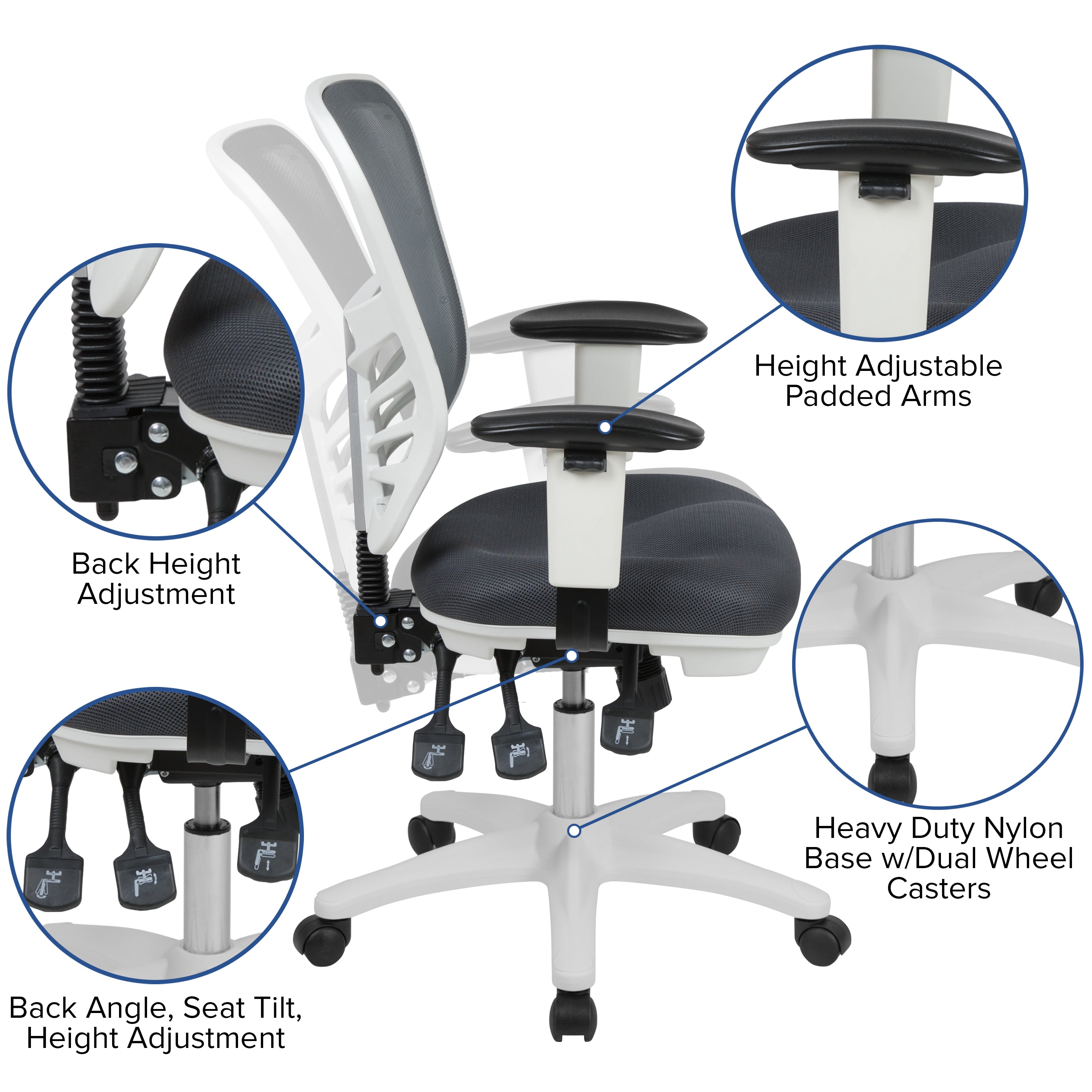 Nicholas Mid-Back Dark Gray Mesh Multifunction Executive Swivel Ergonomic Office Chair with Adjustable Arms and White Frame