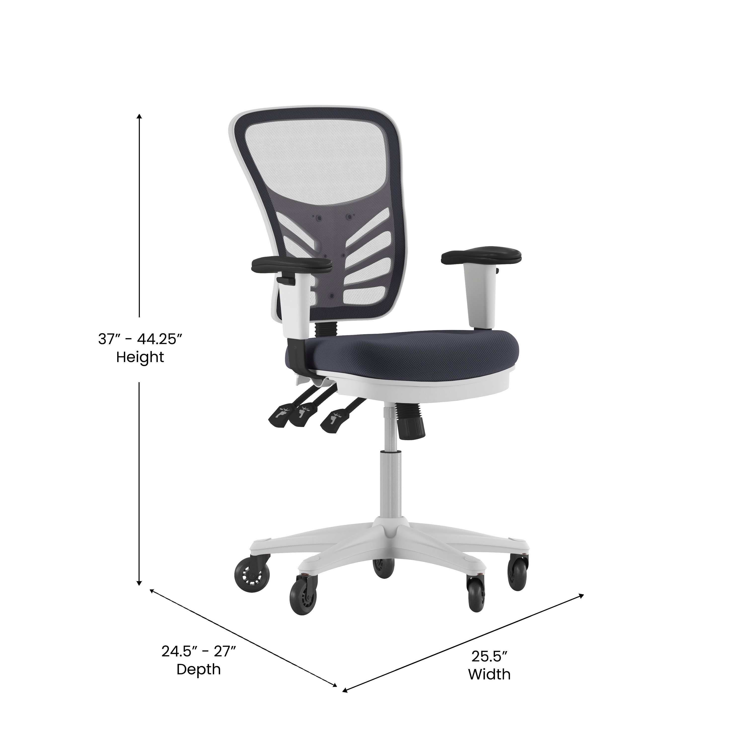 Nicholas Mid-Back Dark Gray Mesh Multifunction Executive Ergonomic Chair with Adjustable Arms, Transparent Roller Wheels, and White Frame