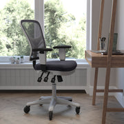 Nicholas Mid-Back Dark Gray Mesh Multifunction Executive Ergonomic Chair with Adjustable Arms, Transparent Roller Wheels, and White Frame