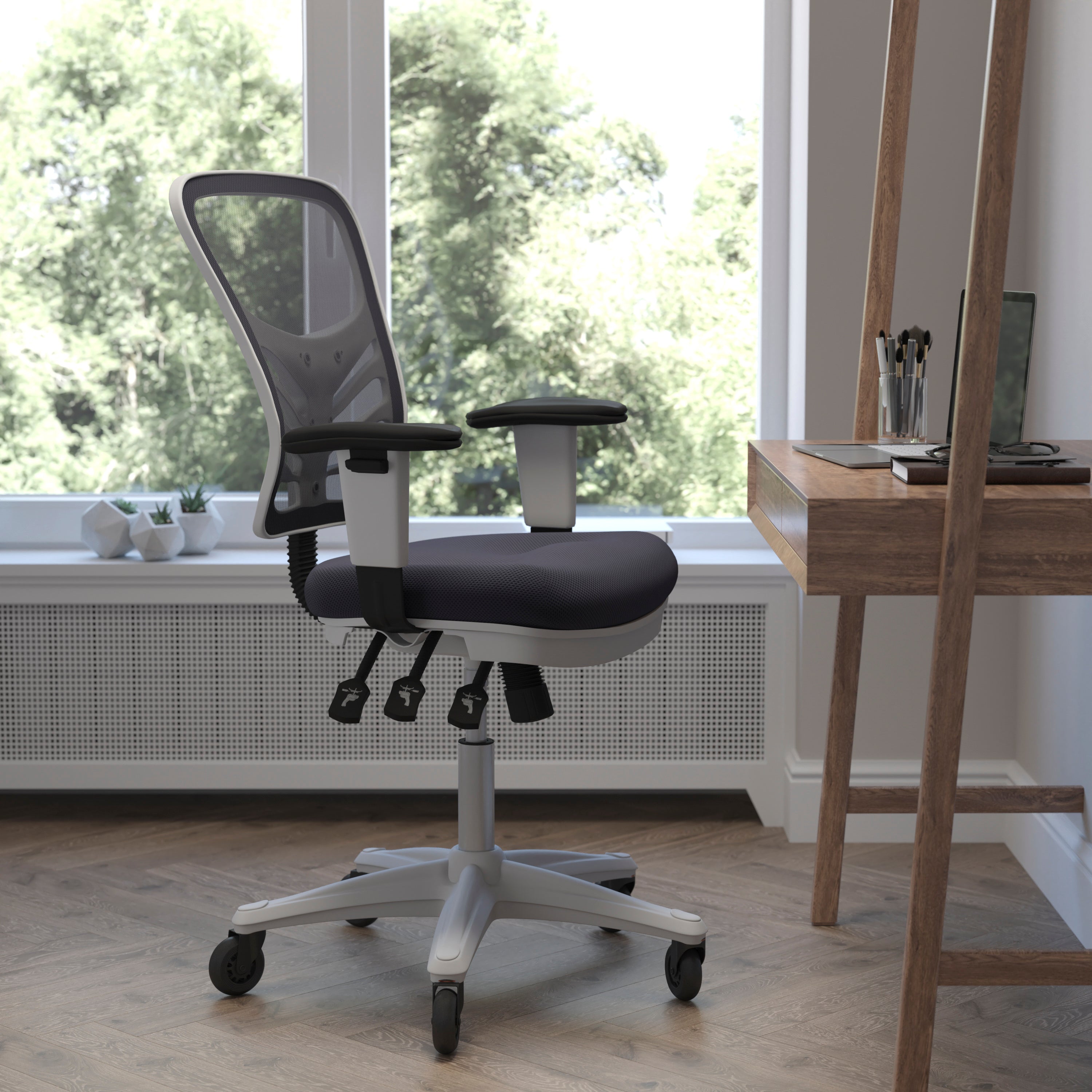 Nicholas Mid-Back Dark Gray Mesh Multifunction Executive Ergonomic Chair with Adjustable Arms, Transparent Roller Wheels, and White Frame