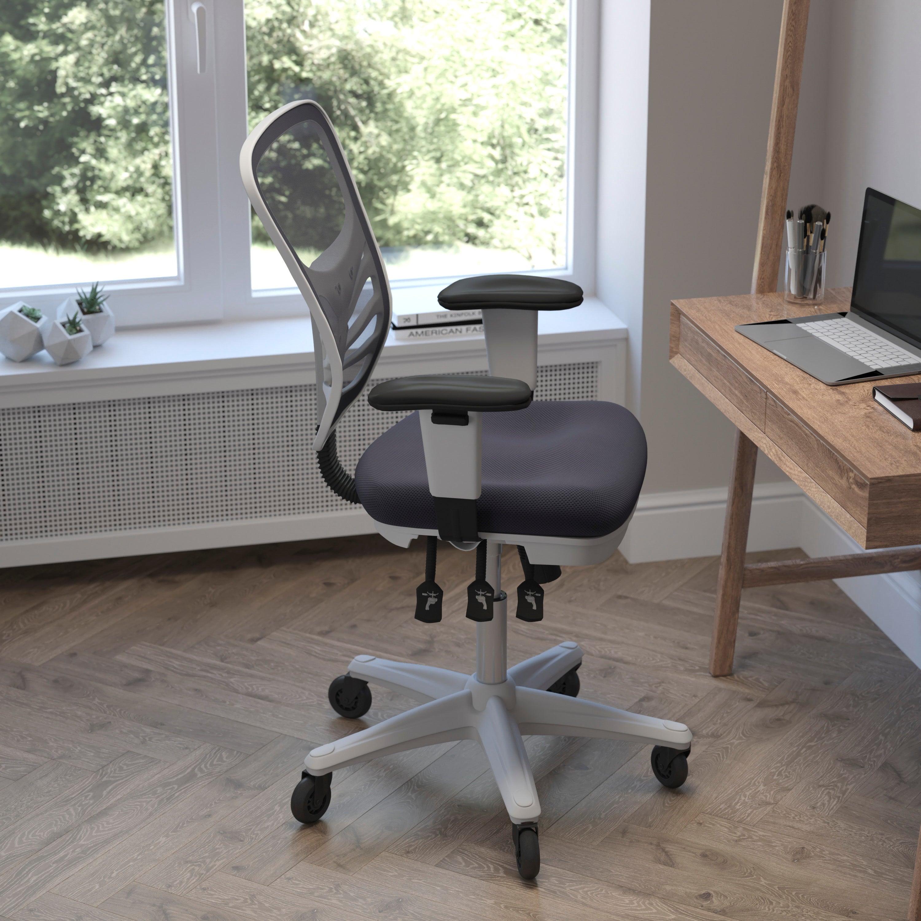 Nicholas Mid-Back Dark Gray Mesh Multifunction Executive Ergonomic Chair with Adjustable Arms, Transparent Roller Wheels, and White Frame