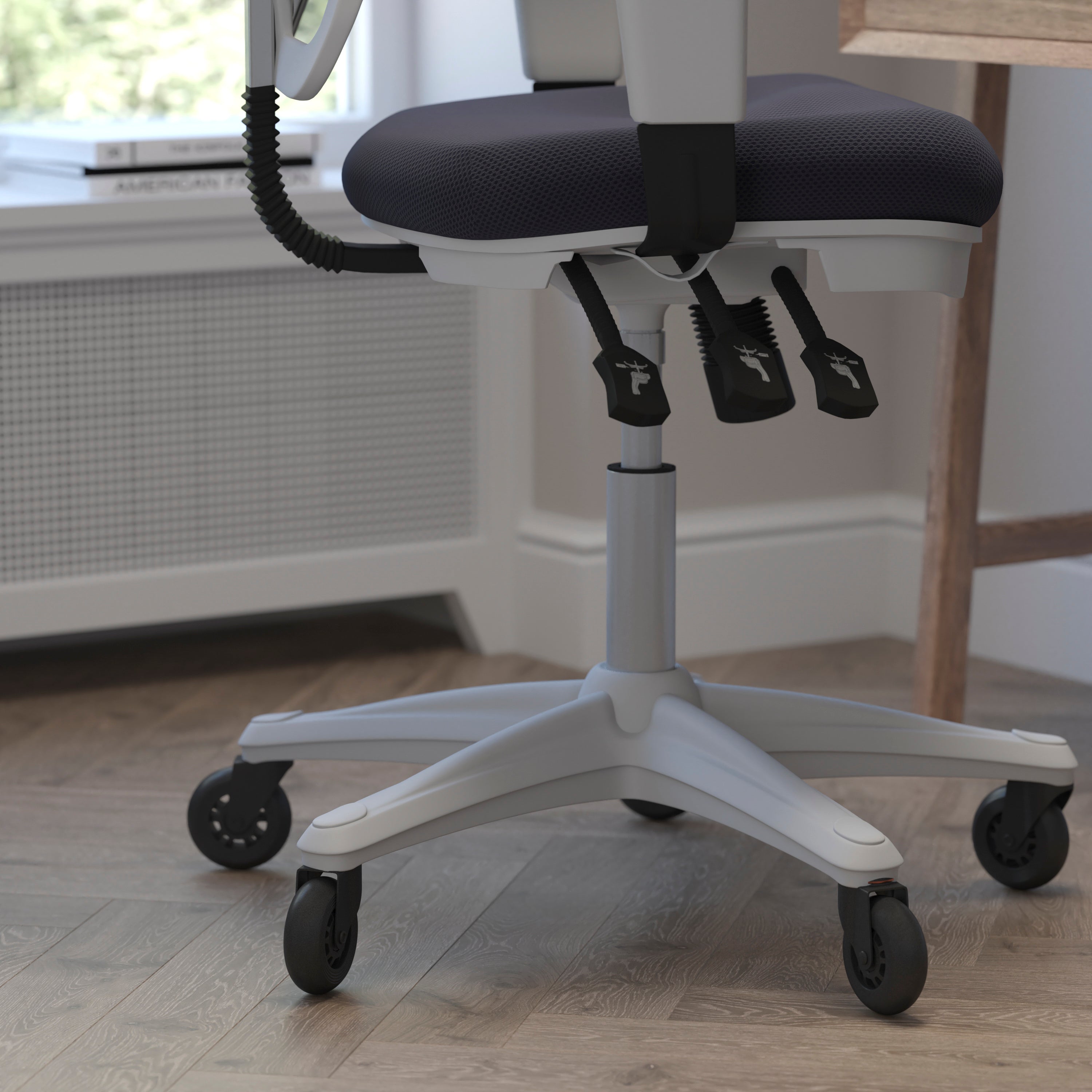 Nicholas Mid-Back Dark Gray Mesh Multifunction Executive Ergonomic Chair with Adjustable Arms, Transparent Roller Wheels, and White Frame