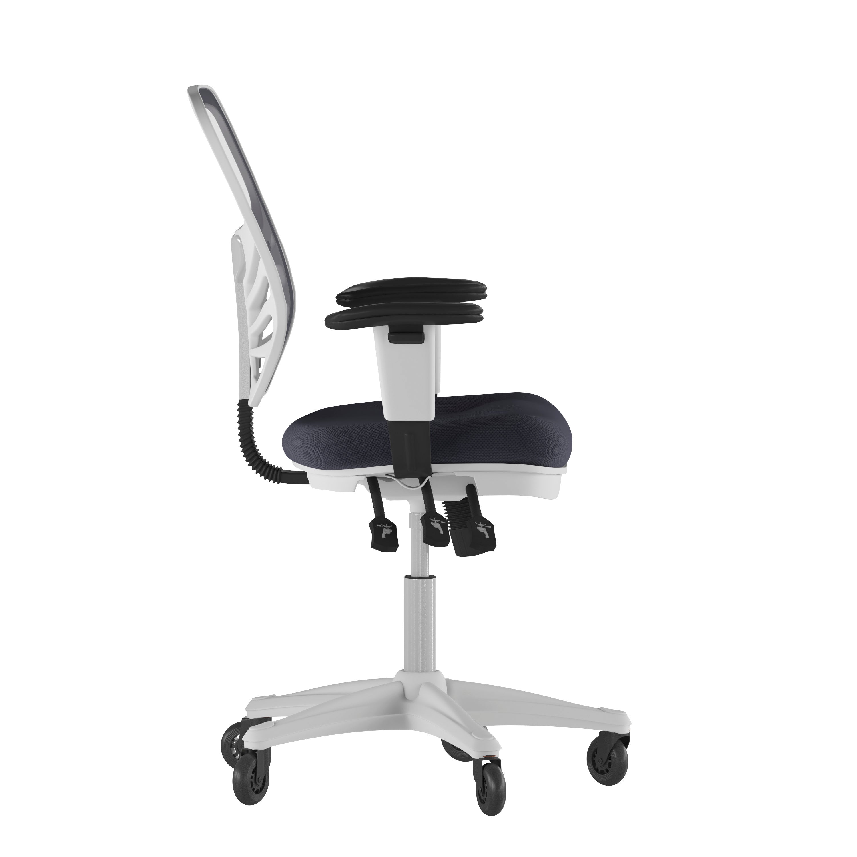 Nicholas Mid-Back Dark Gray Mesh Multifunction Executive Ergonomic Chair with Adjustable Arms, Transparent Roller Wheels, and White Frame