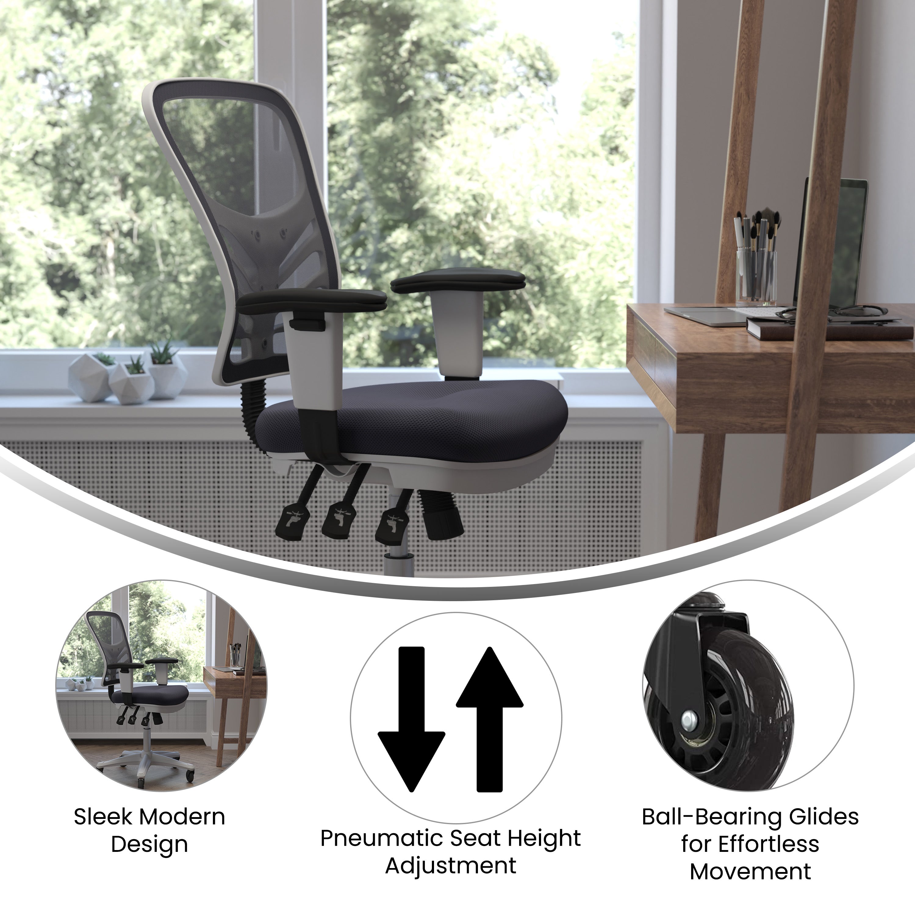 Nicholas Mid-Back Dark Gray Mesh Multifunction Executive Ergonomic Chair with Adjustable Arms, Transparent Roller Wheels, and White Frame