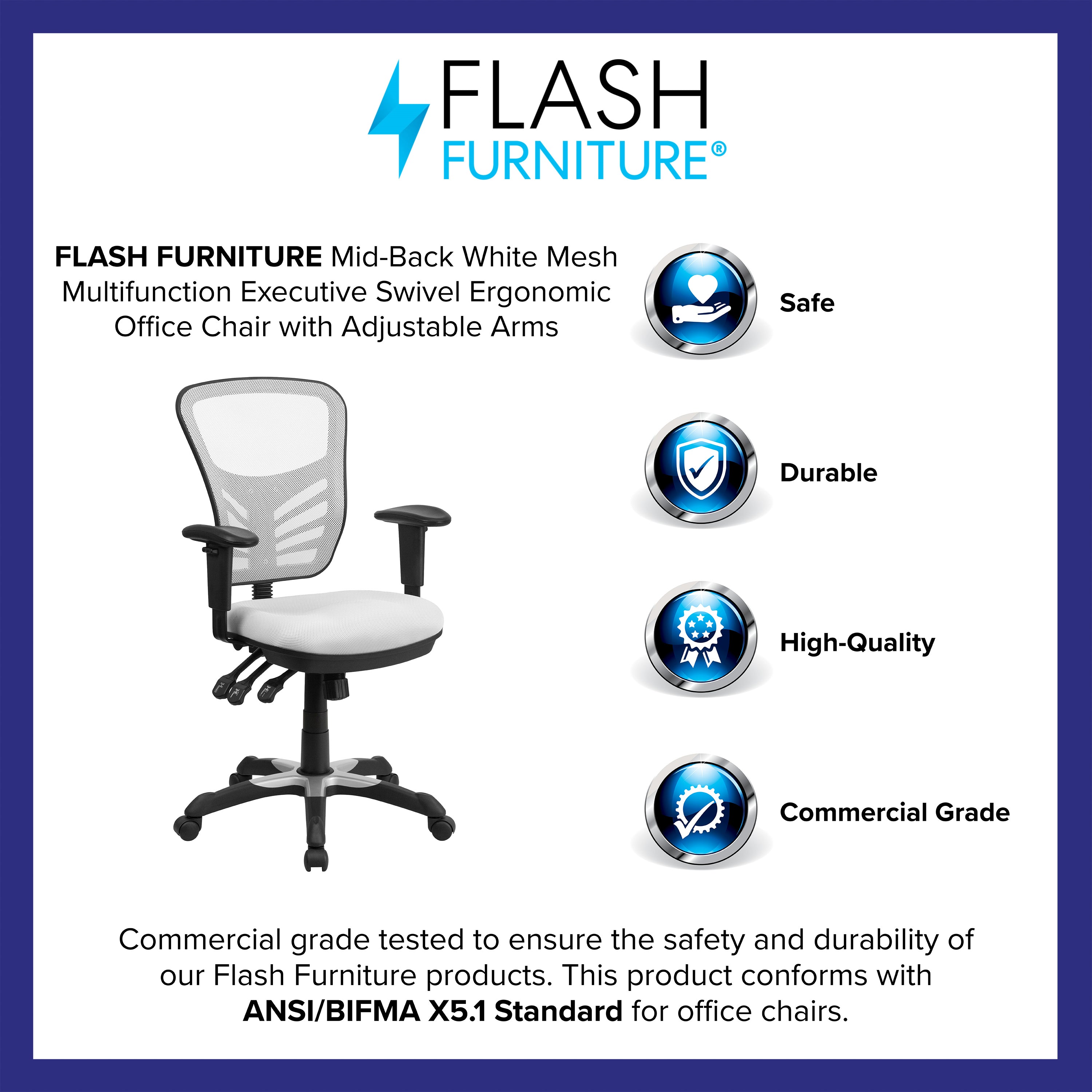 Nicholas Mid-Back White Mesh Multifunction Executive Swivel Ergonomic Office Chair with Adjustable Arms