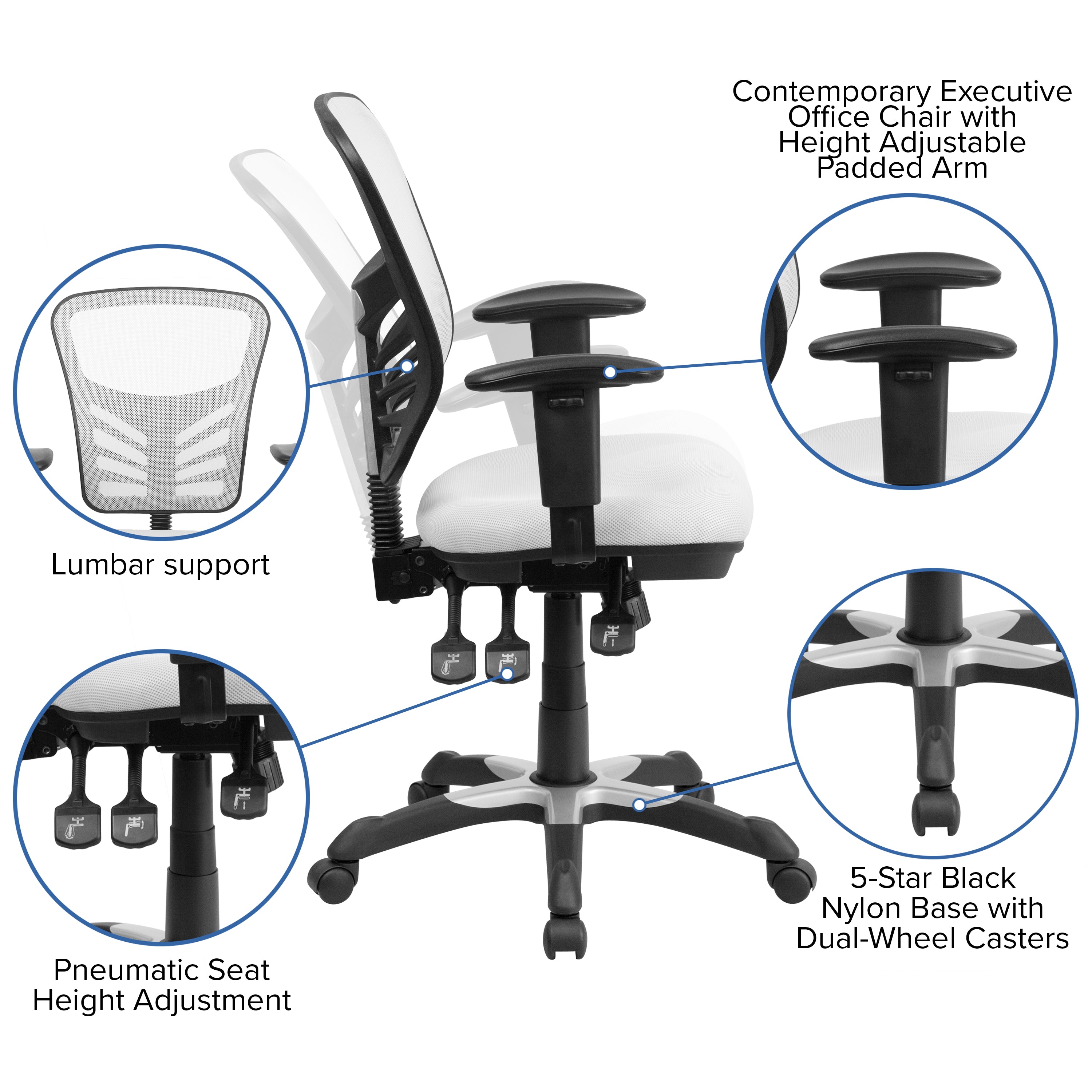 Nicholas Mid-Back White Mesh Multifunction Executive Swivel Ergonomic Office Chair with Adjustable Arms