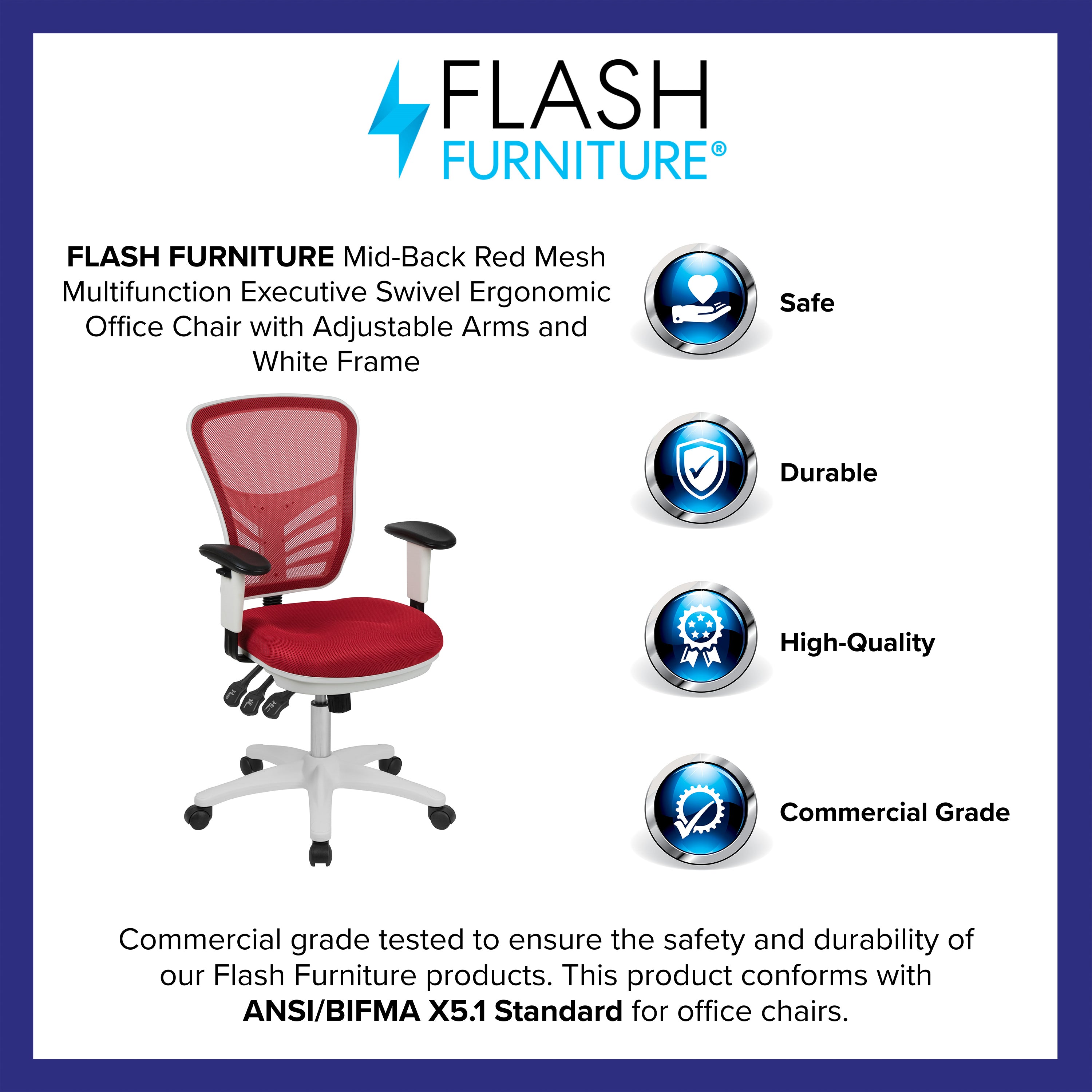 Nicholas Mid-Back Red Mesh Multifunction Executive Swivel Ergonomic Office Chair with Adjustable Arms and White Frame