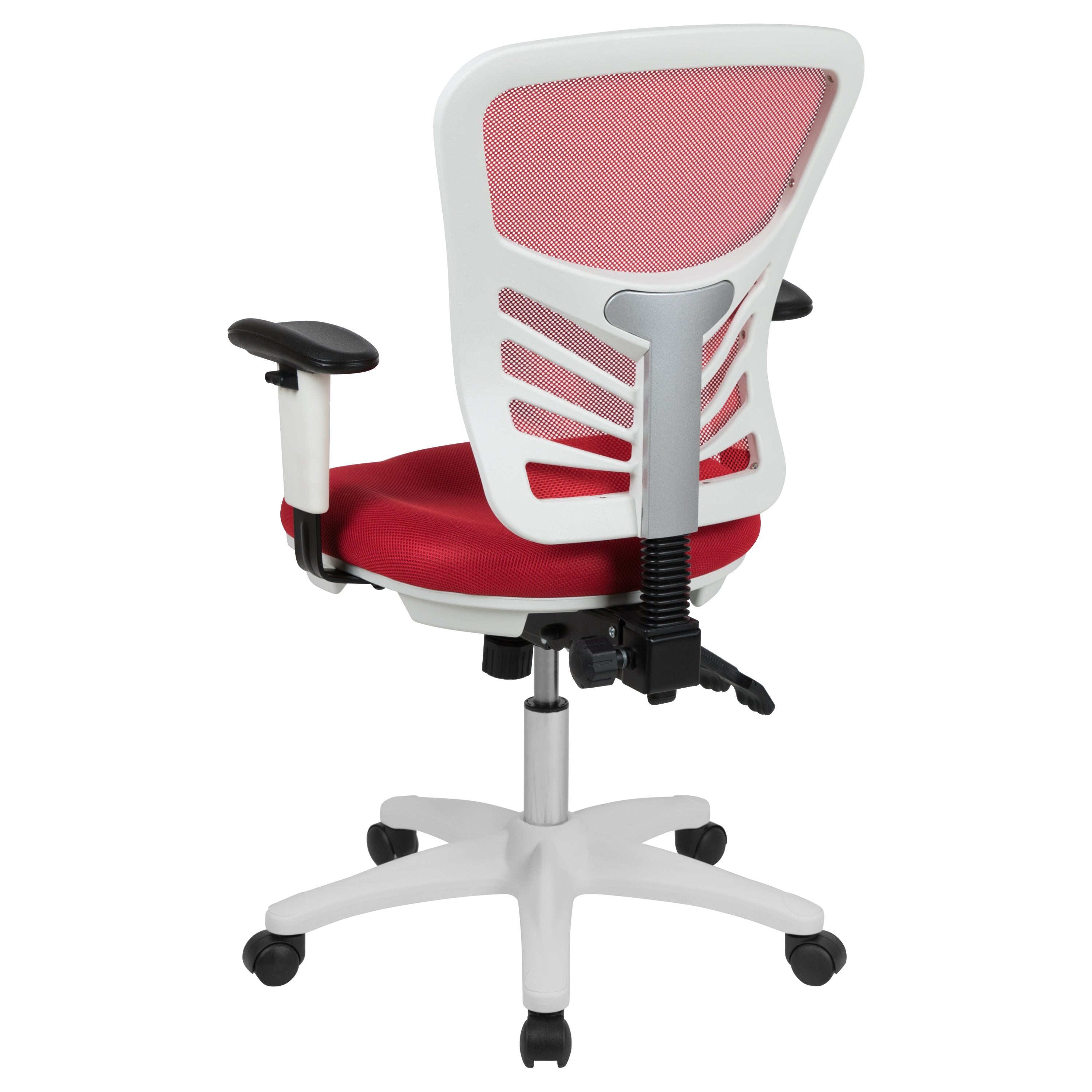 Nicholas Mid-Back Red Mesh Multifunction Executive Swivel Ergonomic Office Chair with Adjustable Arms and White Frame