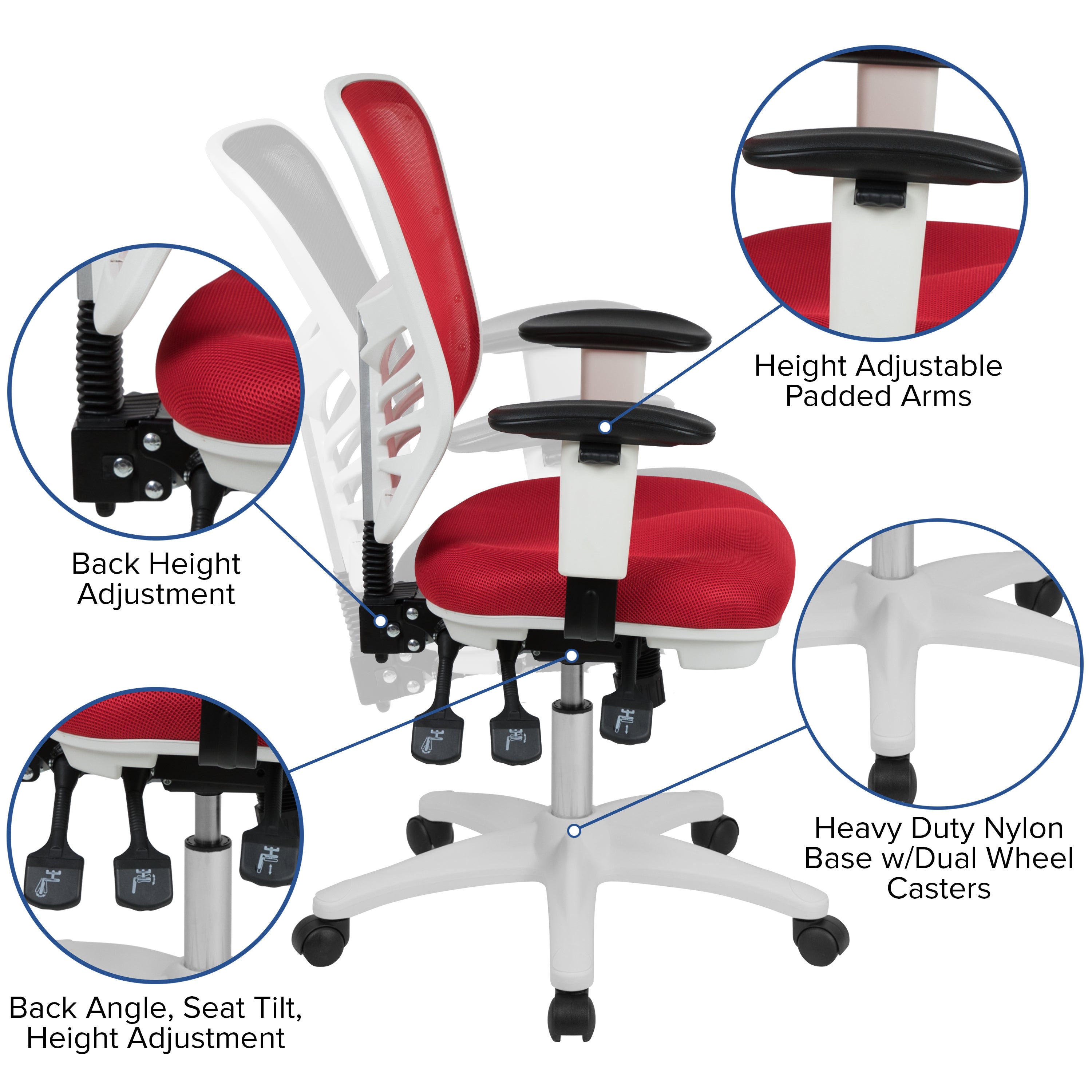 Nicholas Mid-Back Red Mesh Multifunction Executive Swivel Ergonomic Office Chair with Adjustable Arms and White Frame
