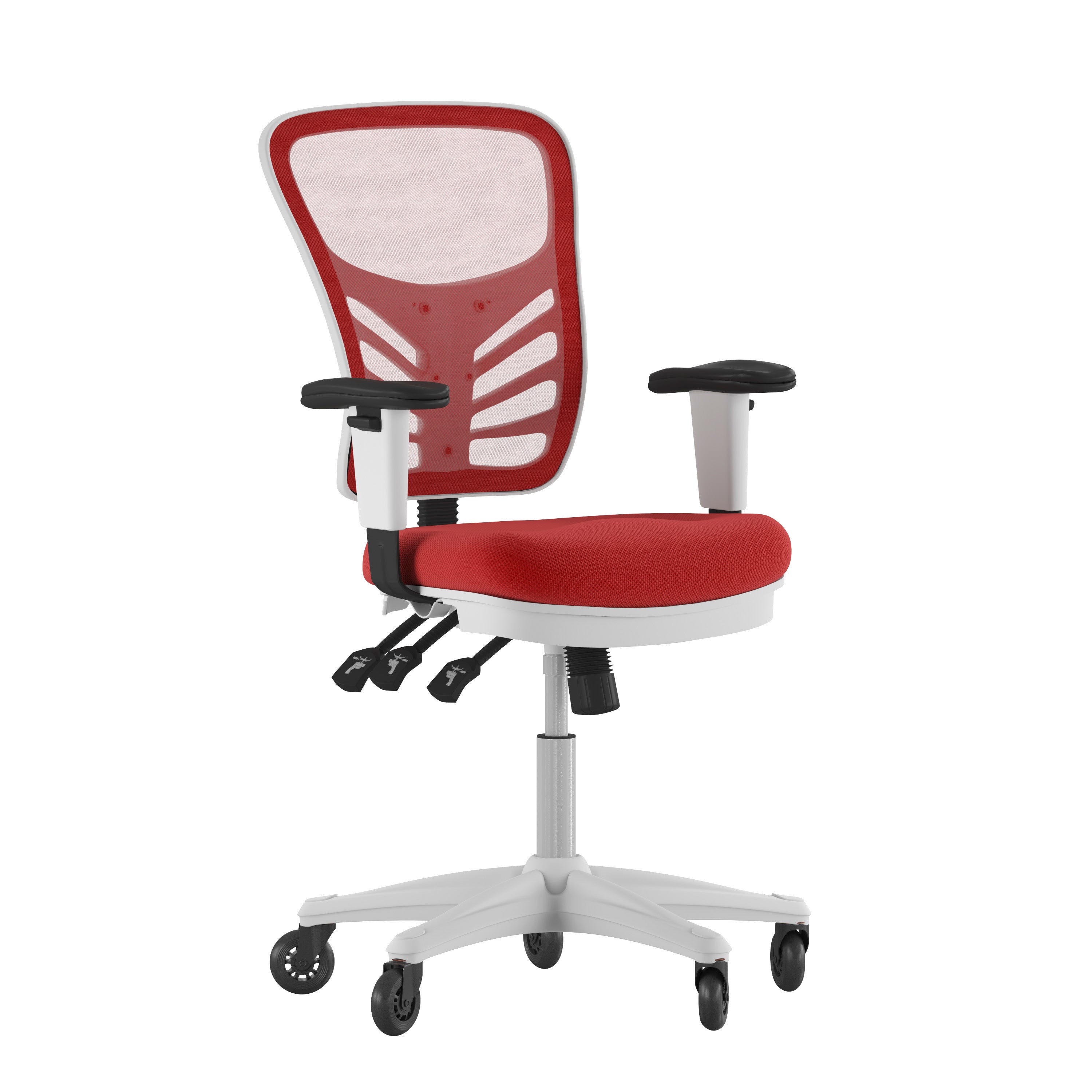 Nicholas Mid-Back Red Mesh Multifunction Executive Ergonomic Office Chair with Adjustable Arms, Transparent Roller Wheels, and White Frame