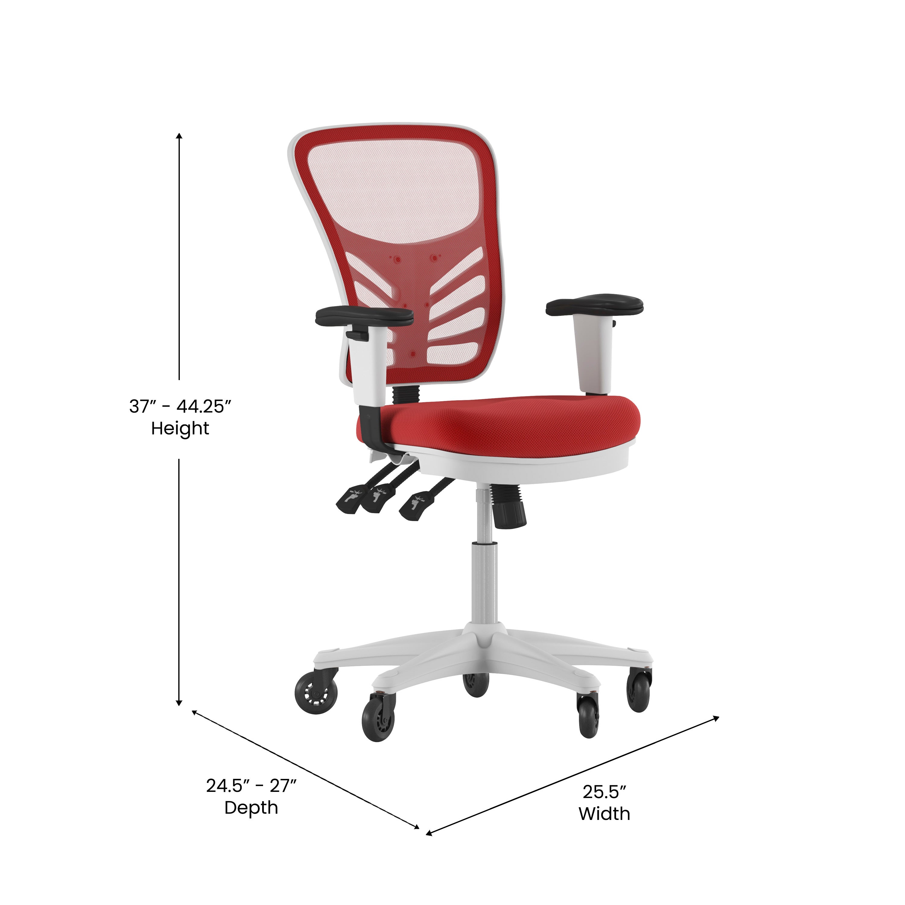 Nicholas Mid-Back Red Mesh Multifunction Executive Ergonomic Office Chair with Adjustable Arms, Transparent Roller Wheels, and White Frame
