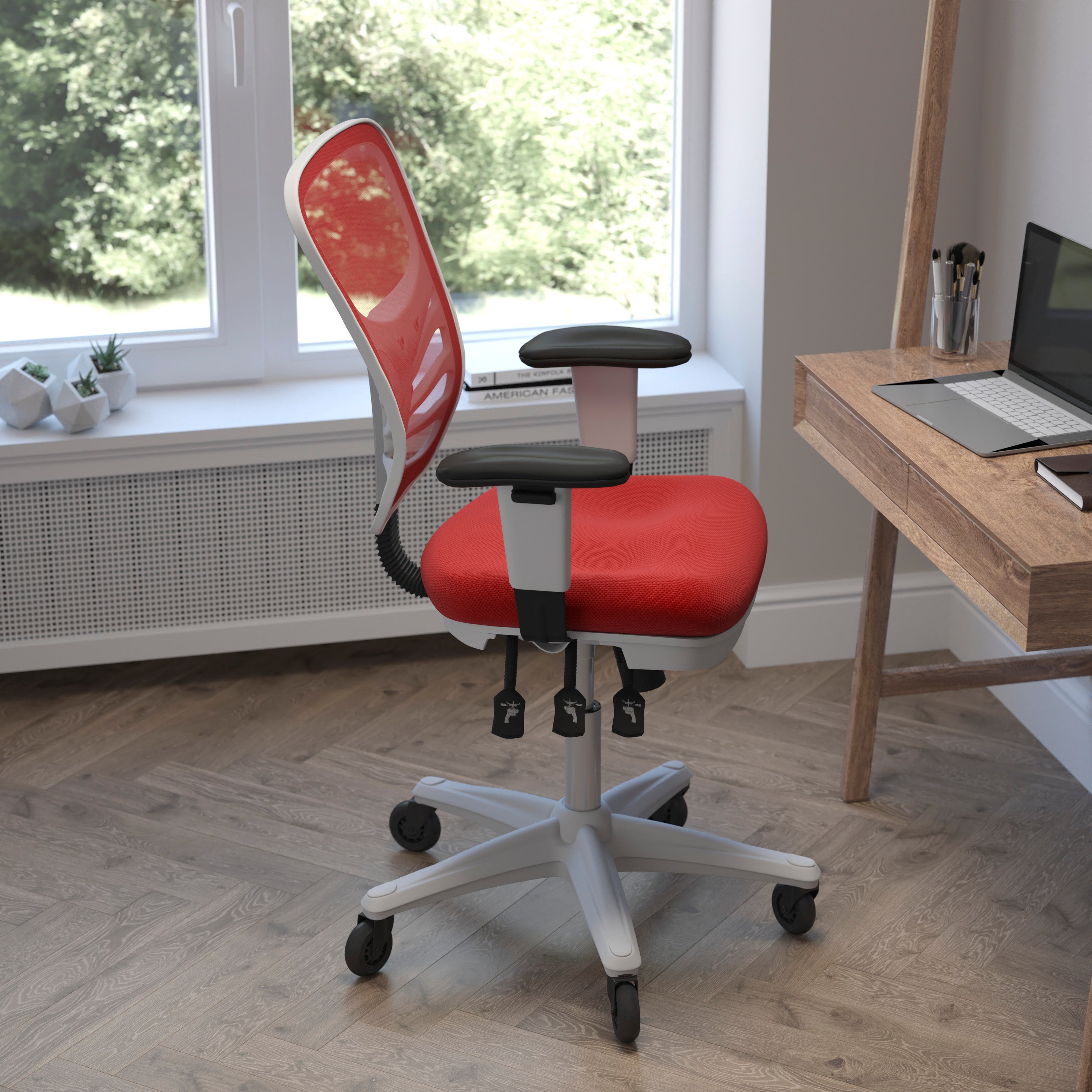 Nicholas Mid-Back Red Mesh Multifunction Executive Ergonomic Office Chair with Adjustable Arms, Transparent Roller Wheels, and White Frame