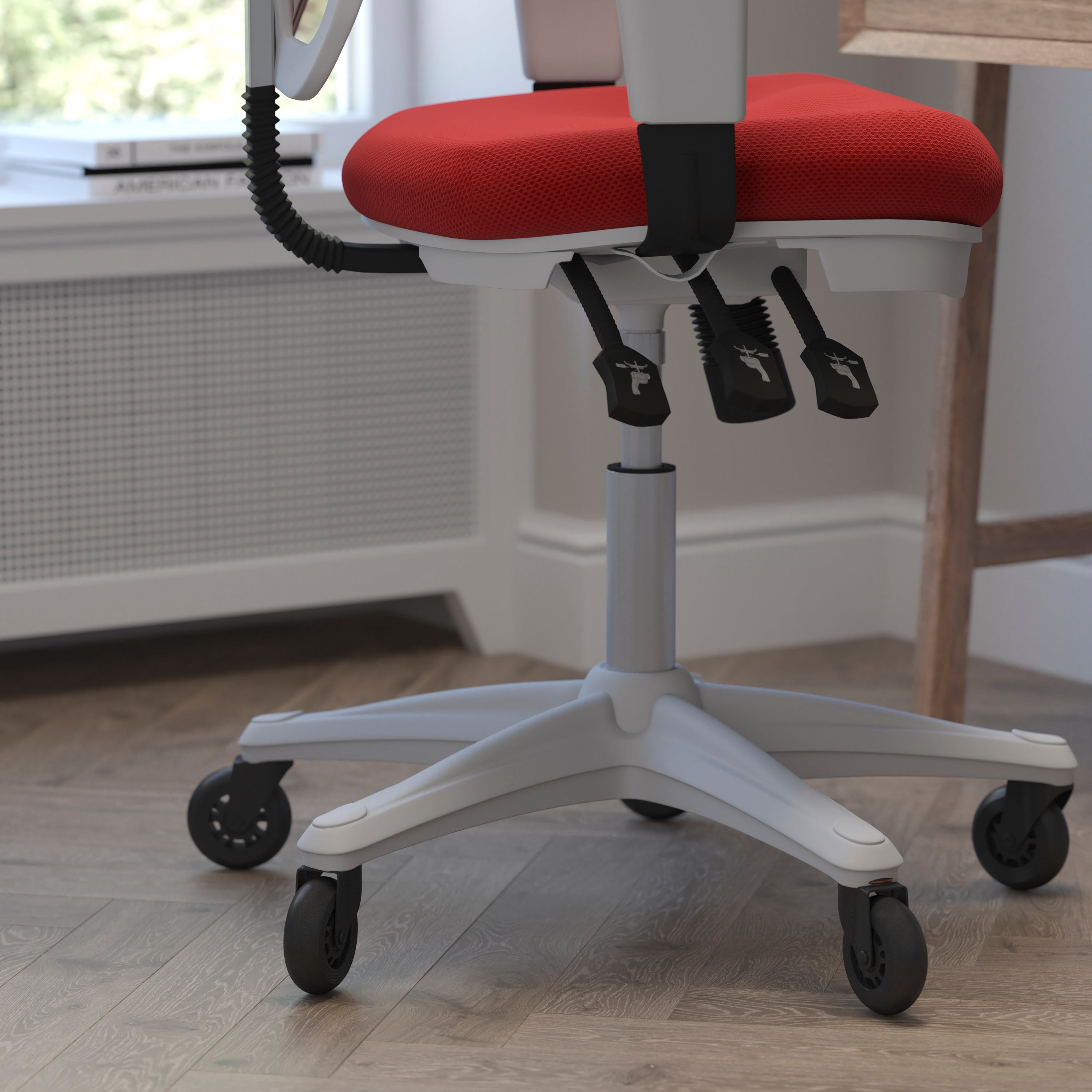 Nicholas Mid-Back Red Mesh Multifunction Executive Ergonomic Office Chair with Adjustable Arms, Transparent Roller Wheels, and White Frame