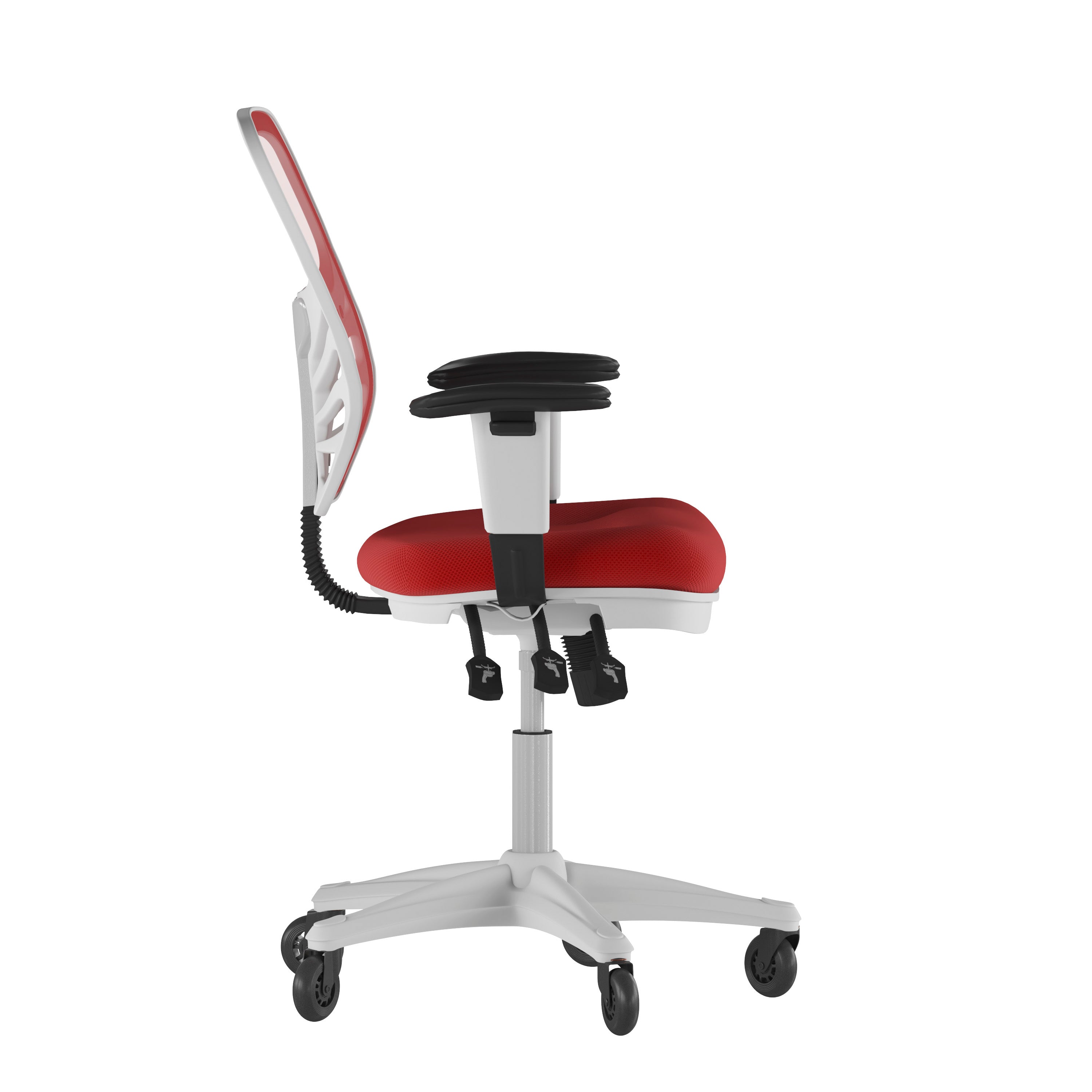 Nicholas Mid-Back Red Mesh Multifunction Executive Ergonomic Office Chair with Adjustable Arms, Transparent Roller Wheels, and White Frame
