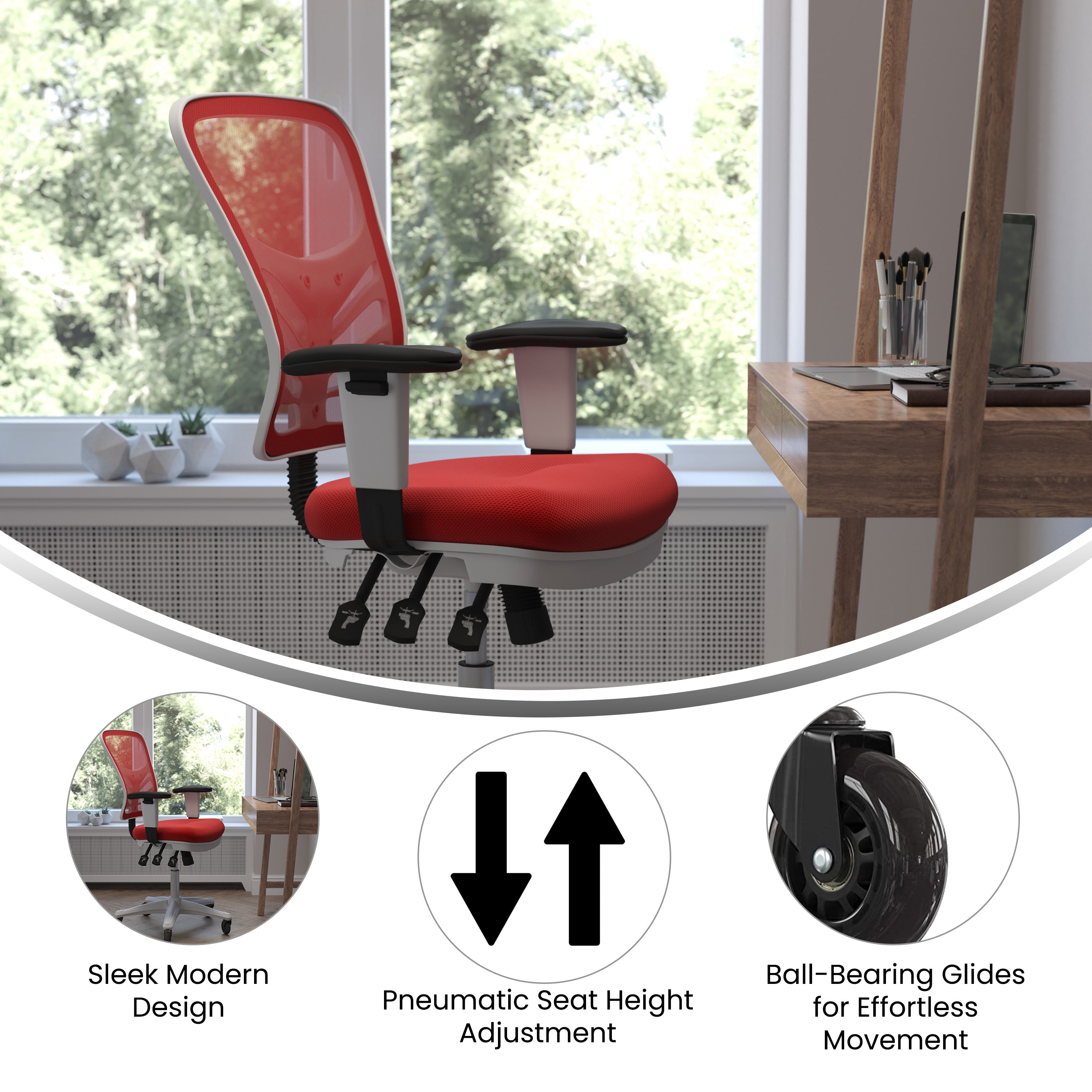 Nicholas Mid-Back Red Mesh Multifunction Executive Ergonomic Office Chair with Adjustable Arms, Transparent Roller Wheels, and White Frame