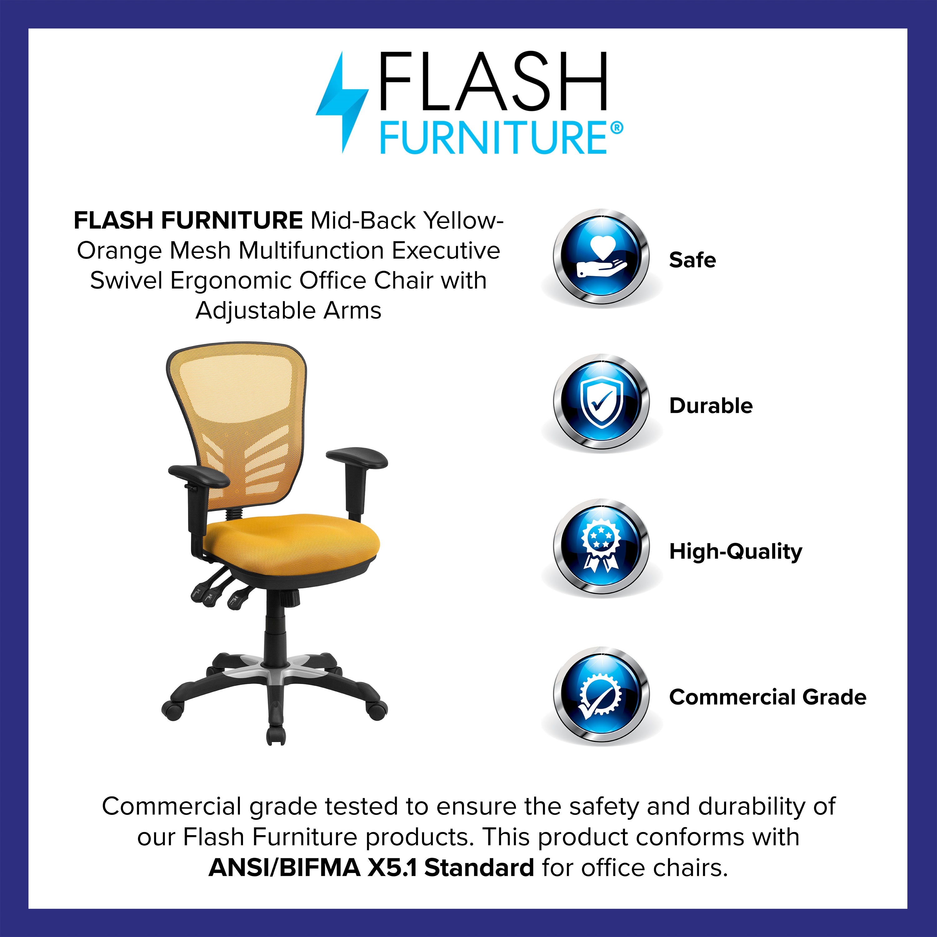 Nicholas Mid-Back Yellow-Orange Mesh Multifunction Executive Swivel Ergonomic Office Chair with Adjustable Arms