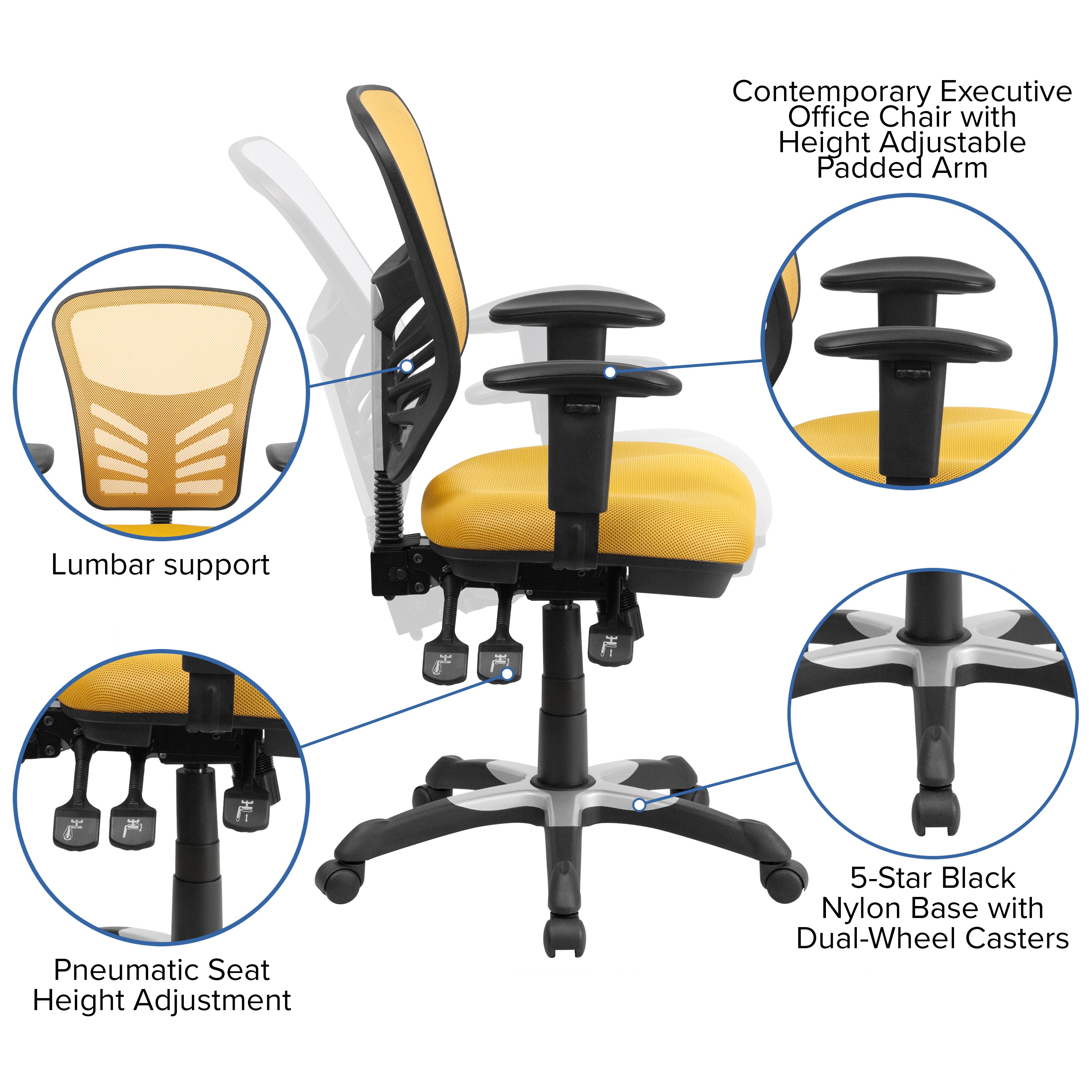 Nicholas Mid-Back Yellow-Orange Mesh Multifunction Executive Swivel Ergonomic Office Chair with Adjustable Arms
