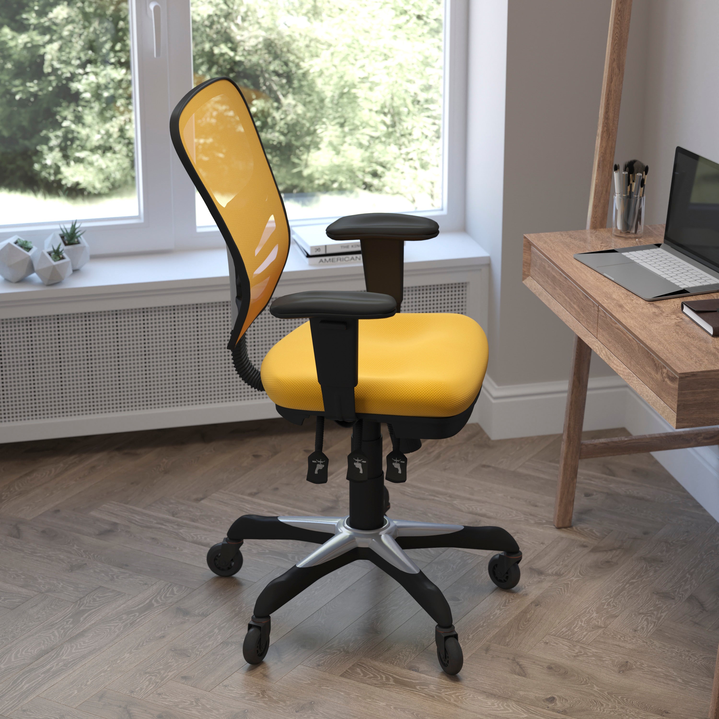 Nicholas Mid-Back Yellow-Orange Mesh Multifunction Executive Swivel Ergonomic Office Chair with Adjustable Arms and Transparent Roller Wheels