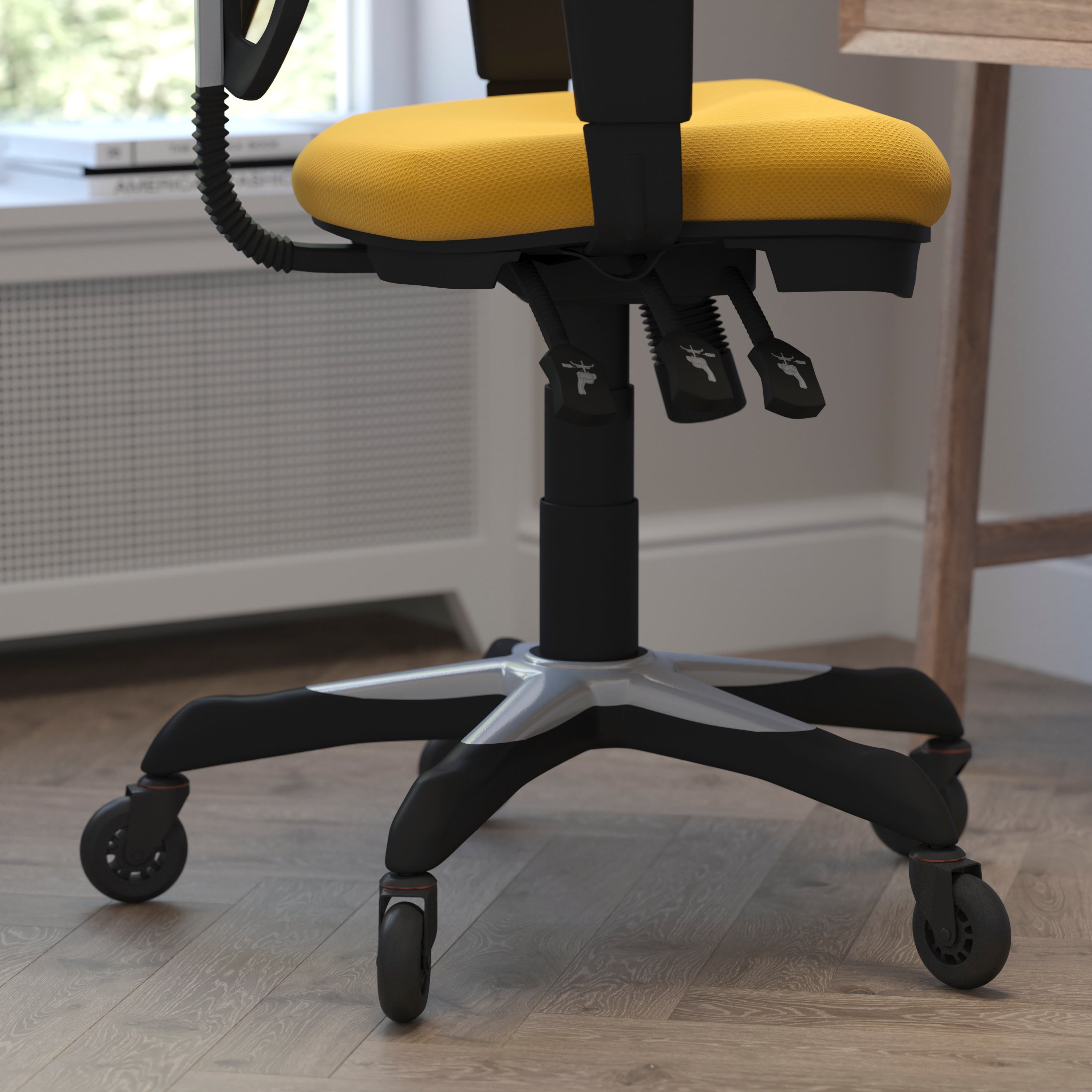 Nicholas Mid-Back Yellow-Orange Mesh Multifunction Executive Swivel Ergonomic Office Chair with Adjustable Arms and Transparent Roller Wheels