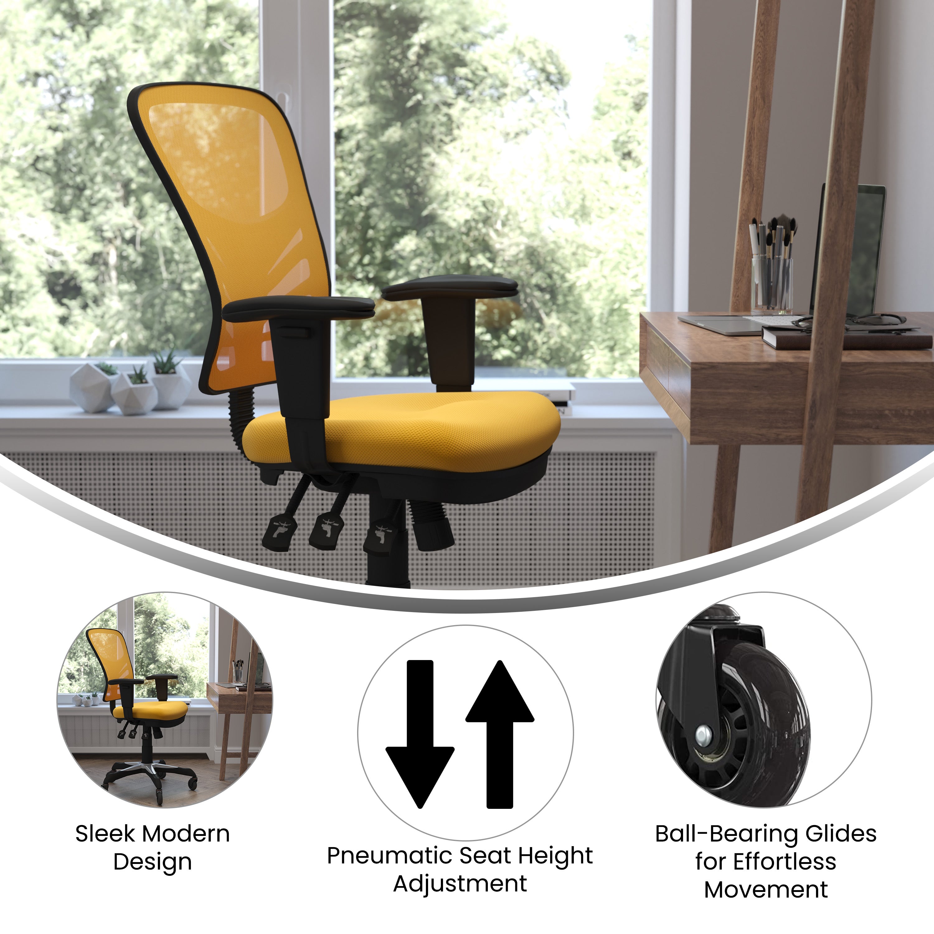 Nicholas Mid-Back Yellow-Orange Mesh Multifunction Executive Swivel Ergonomic Office Chair with Adjustable Arms and Transparent Roller Wheels