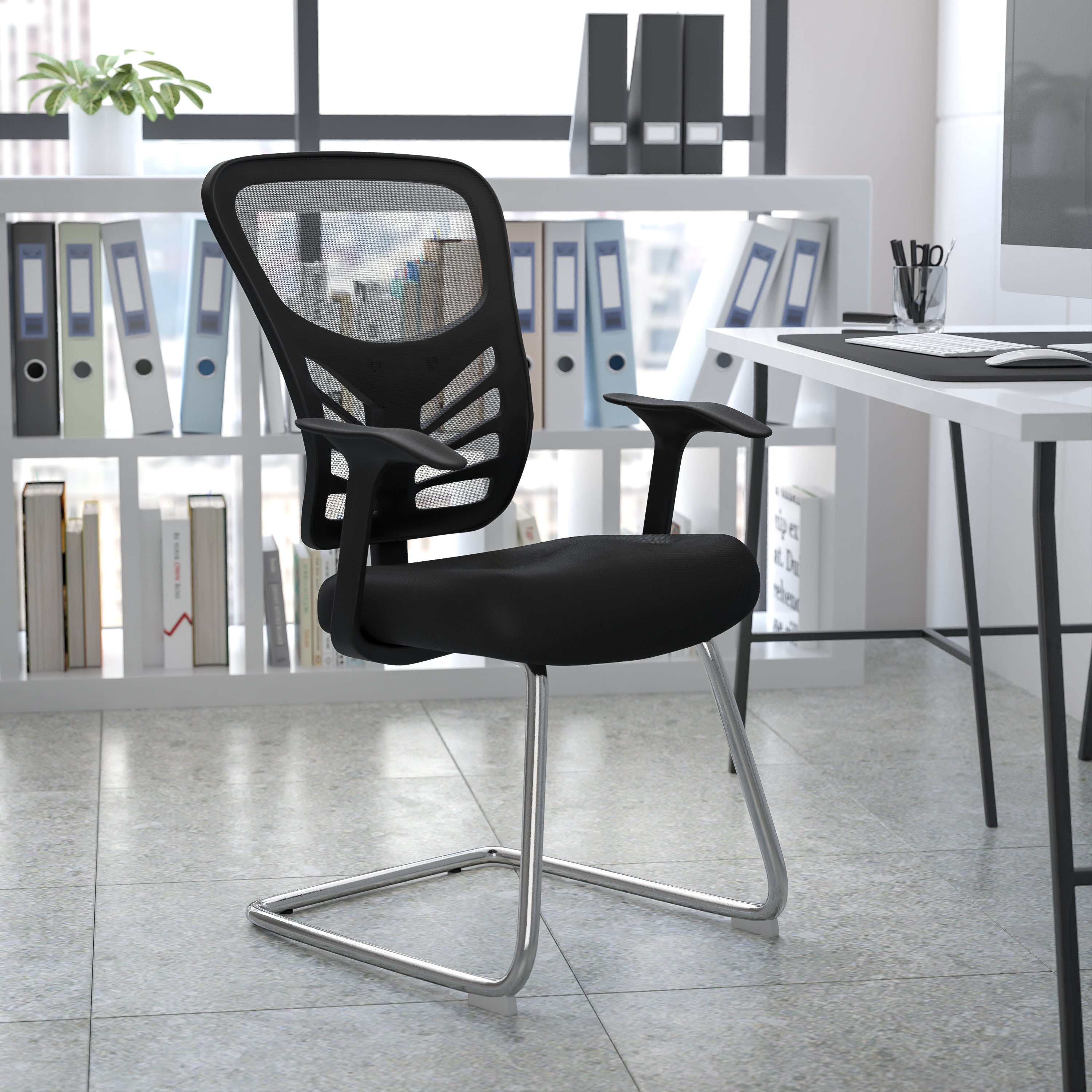 Steve Black Mesh Side Reception Chair with Chrome Sled Base