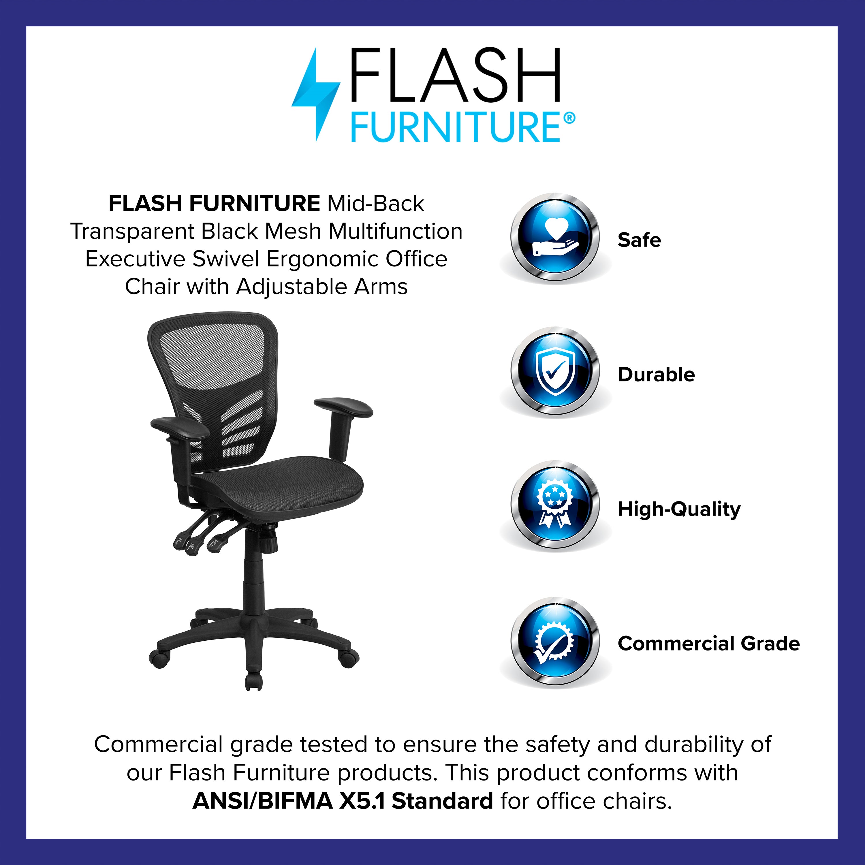 Nicholas Mid-Back Transparent Black Mesh Multifunction Executive Swivel Ergonomic Office Chair with Adjustable Arms