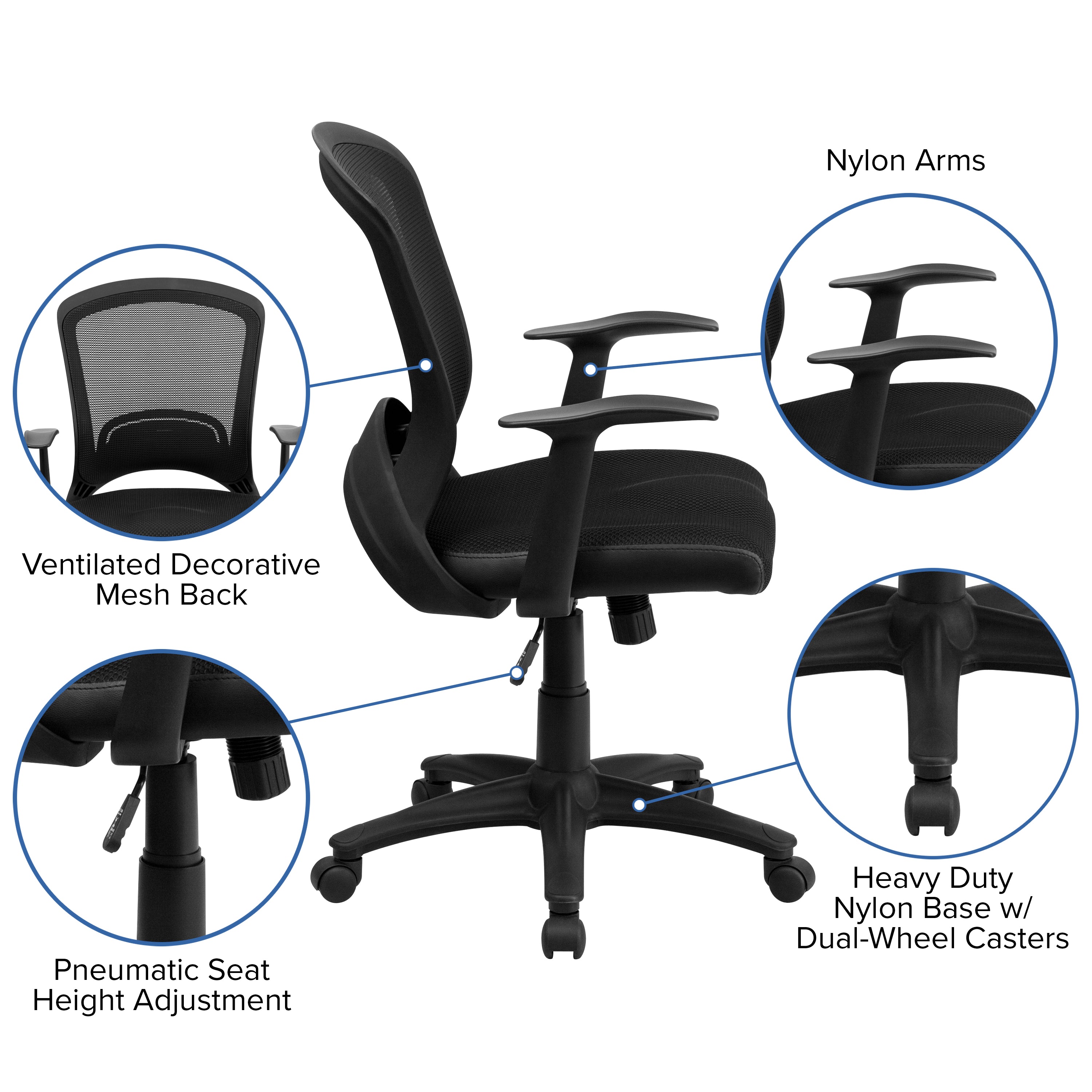 Manny Mid-Back Designer Black Mesh Swivel Task Office Chair with Arms