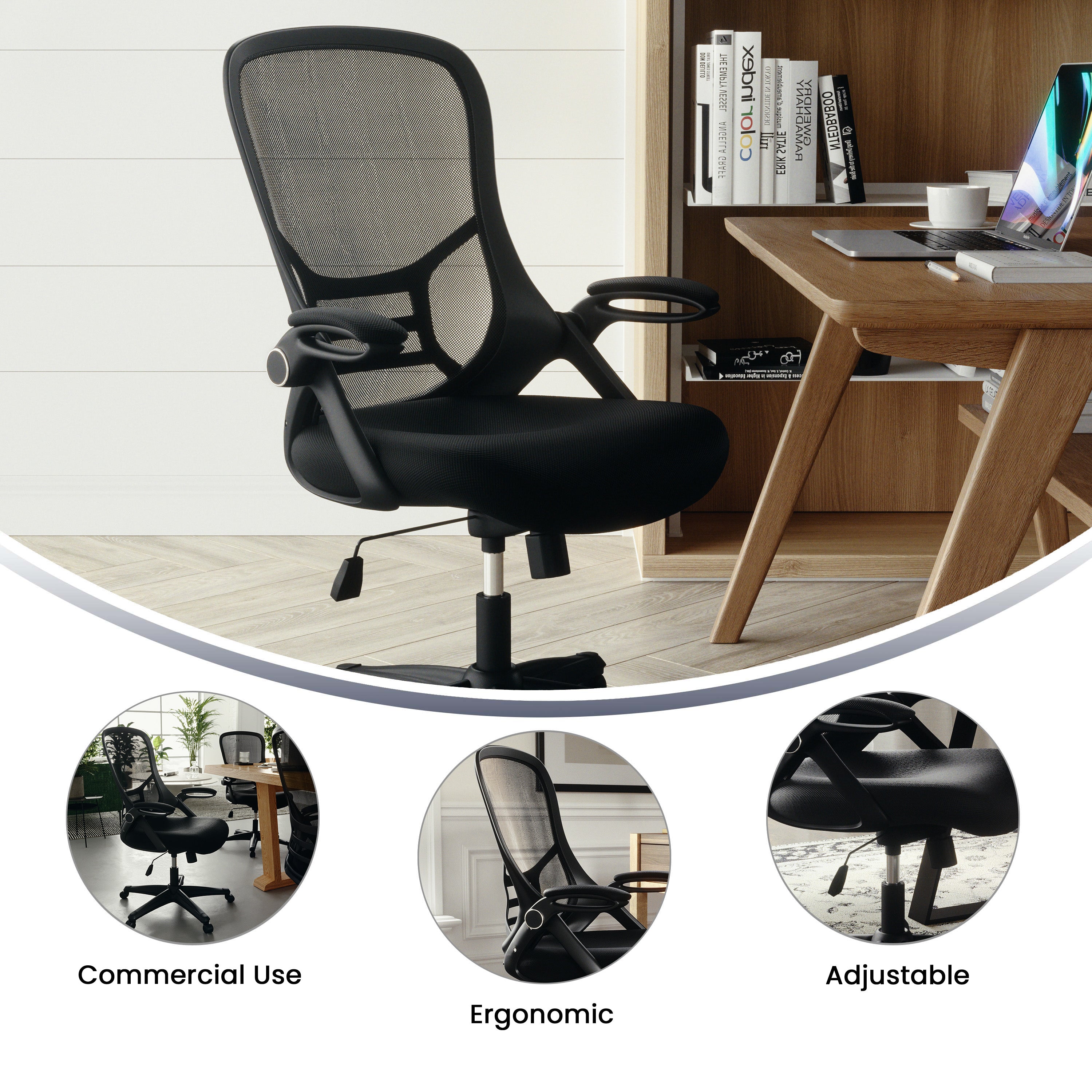 Porter High Back Black Mesh Ergonomic Swivel Office Chair with Black Frame and Flip-up Arms