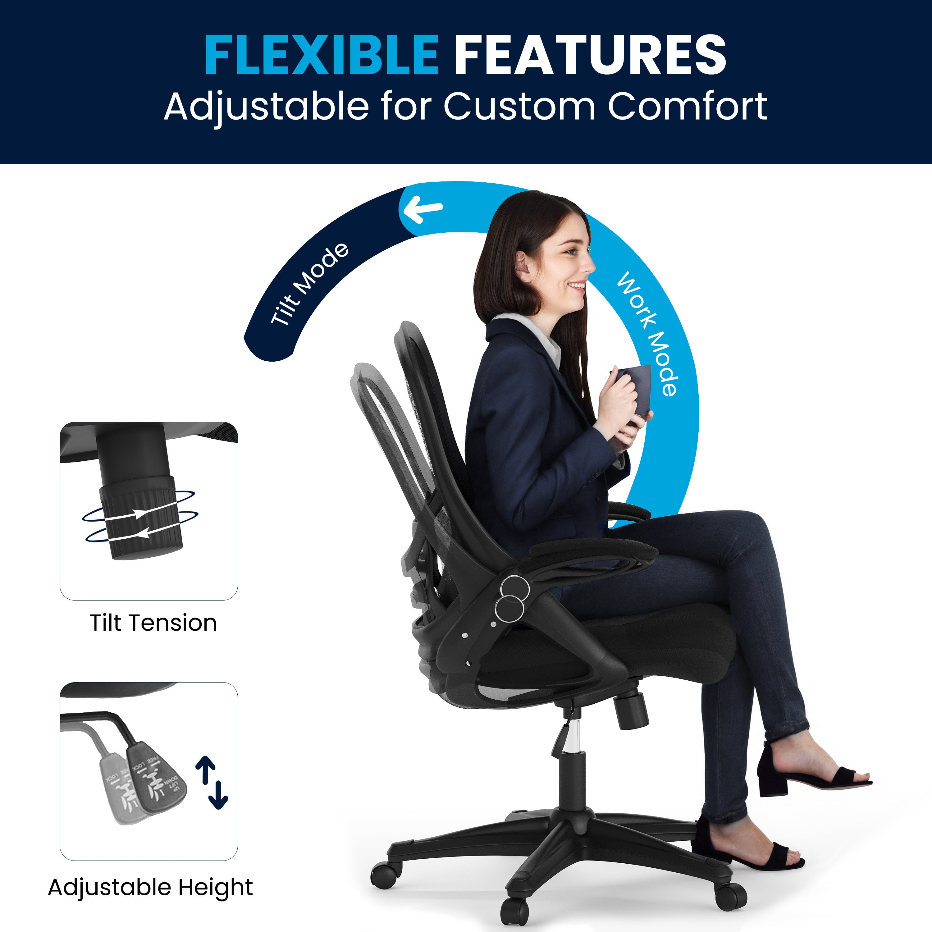 Porter High Back Black Mesh Ergonomic Swivel Office Chair with Black Frame and Flip-up Arms