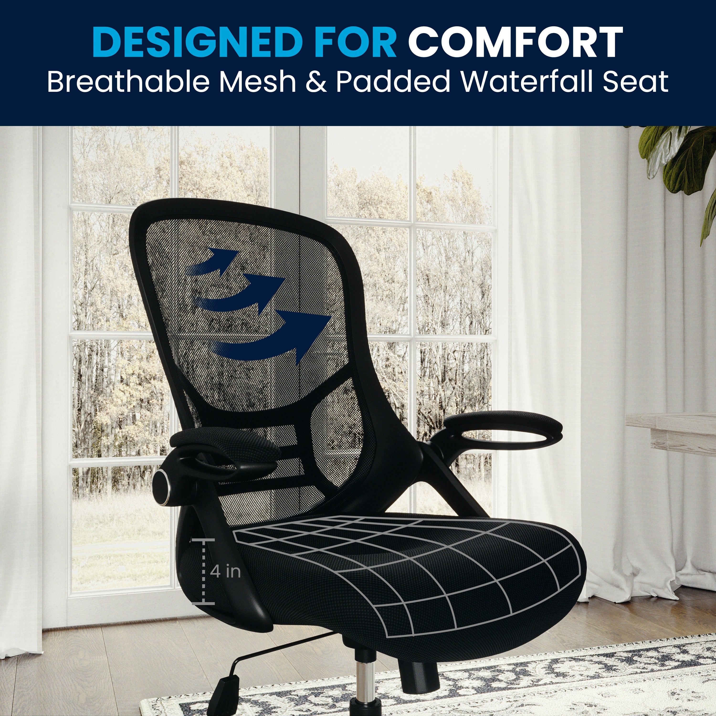 Porter High Back Black Mesh Ergonomic Swivel Office Chair with Black Frame and Flip-up Arms