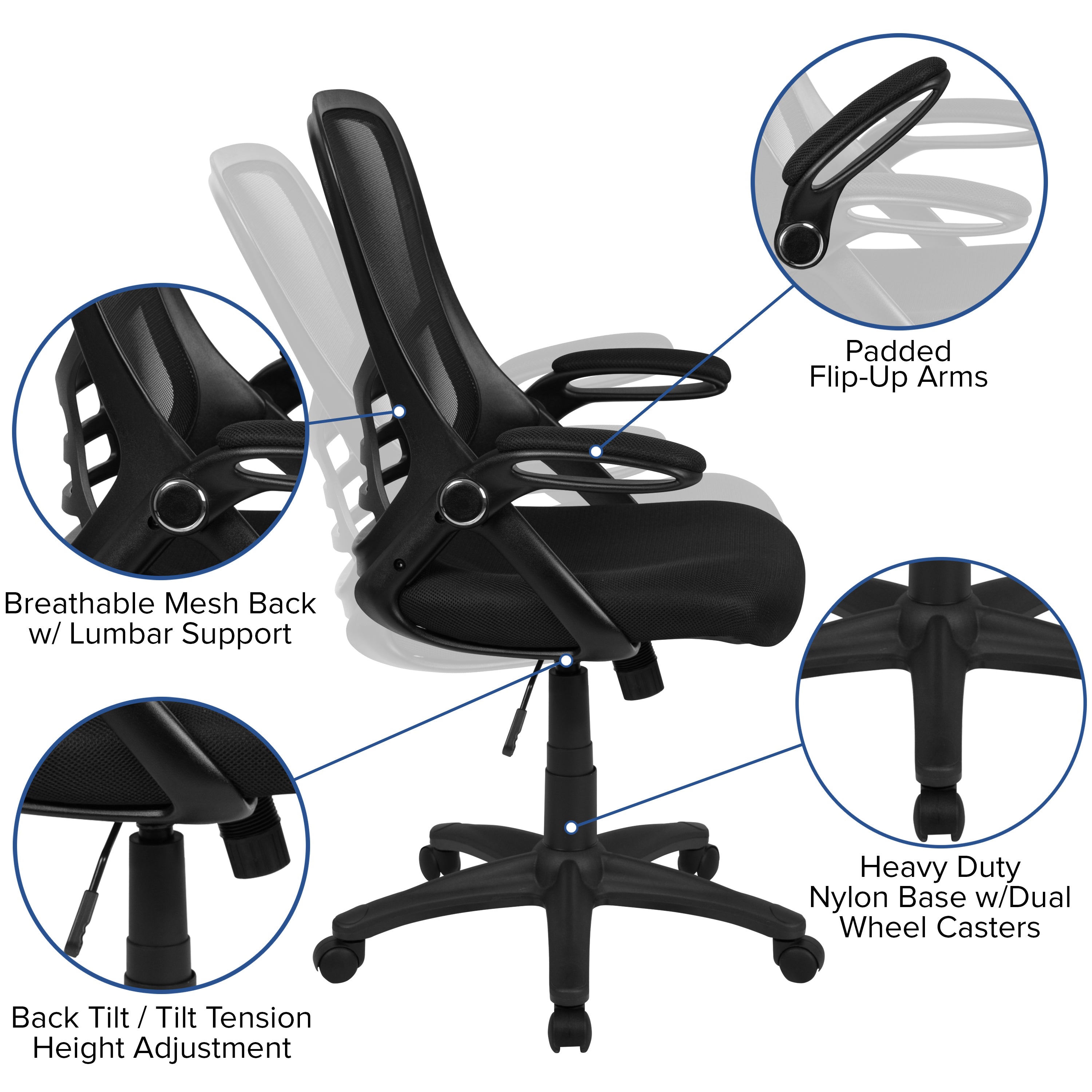 Porter High Back Black Mesh Ergonomic Swivel Office Chair with Black Frame and Flip-up Arms