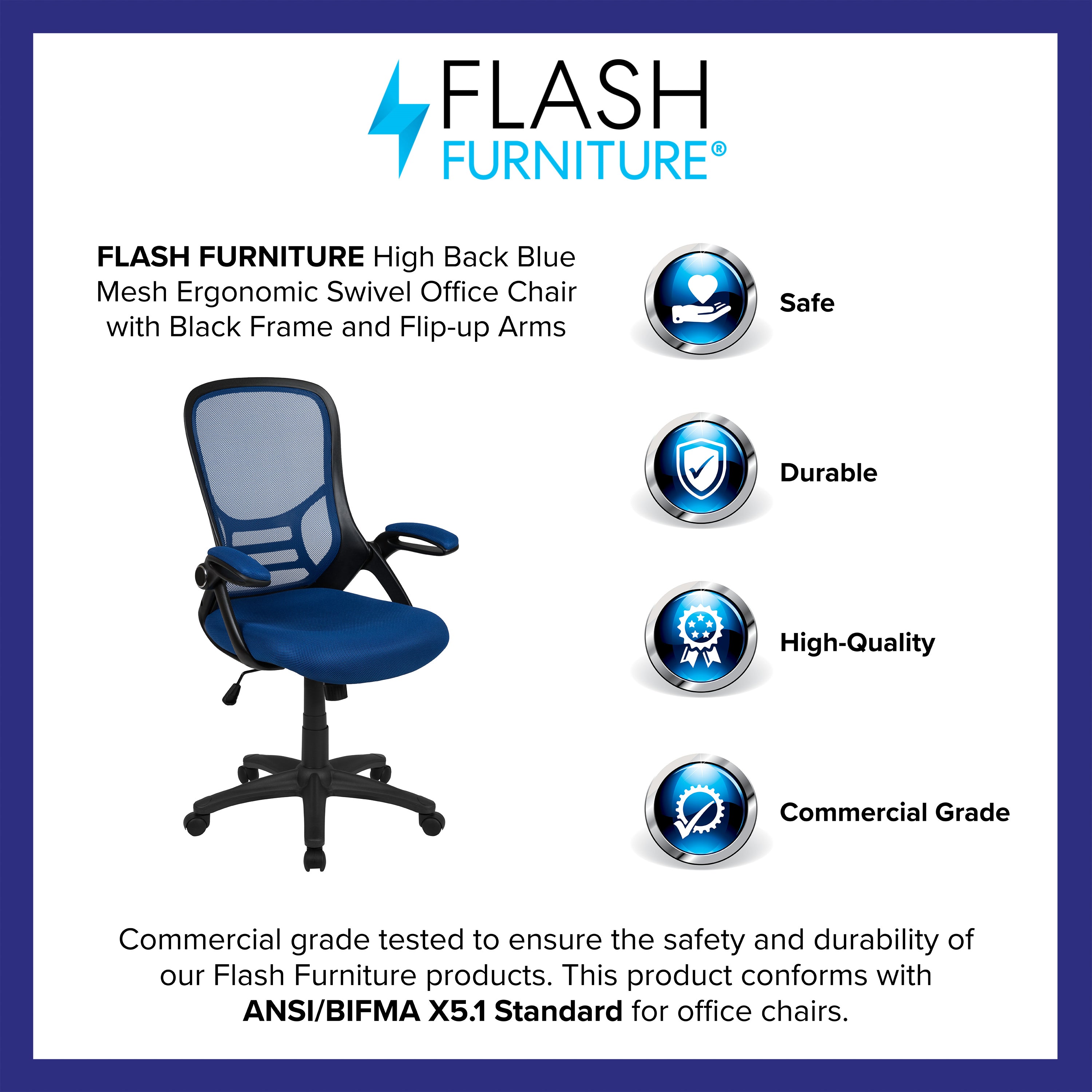 Porter High Back Blue Mesh Ergonomic Swivel Office Chair with Black Frame and Flip-up Arms