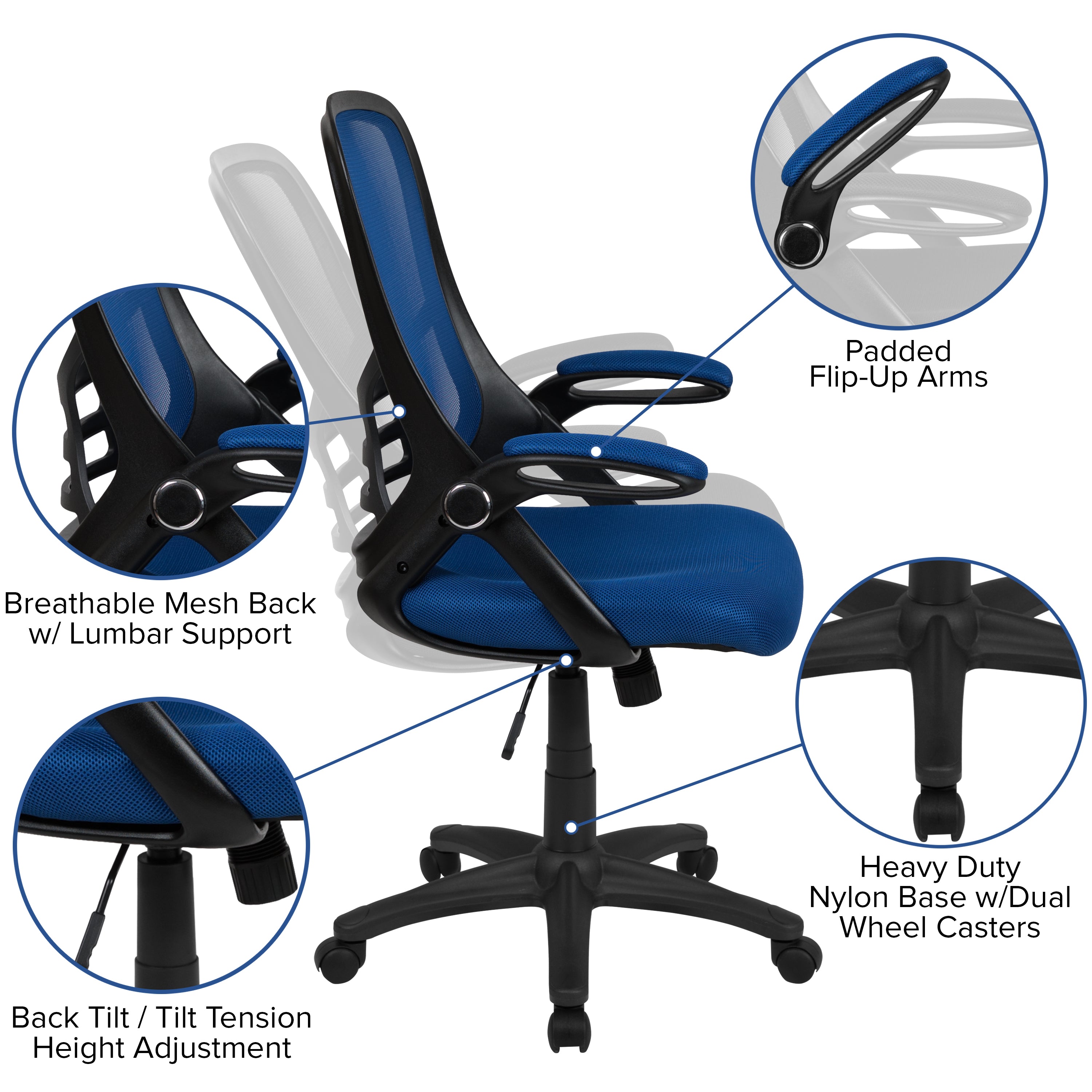 Porter High Back Blue Mesh Ergonomic Swivel Office Chair with Black Frame and Flip-up Arms