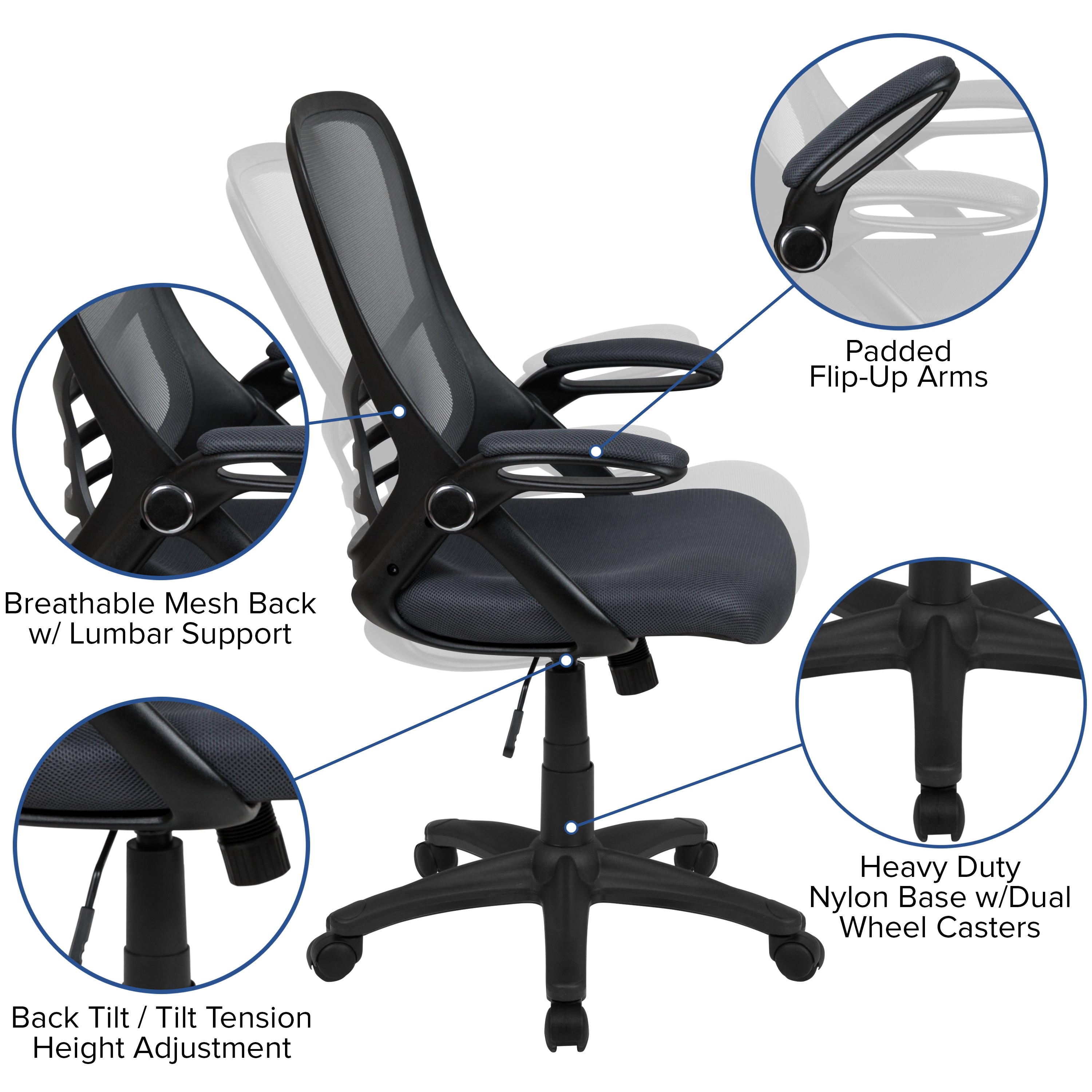 Porter High Back Dark Gray Mesh Ergonomic Swivel Office Chair with Black Frame and Flip-up Arms