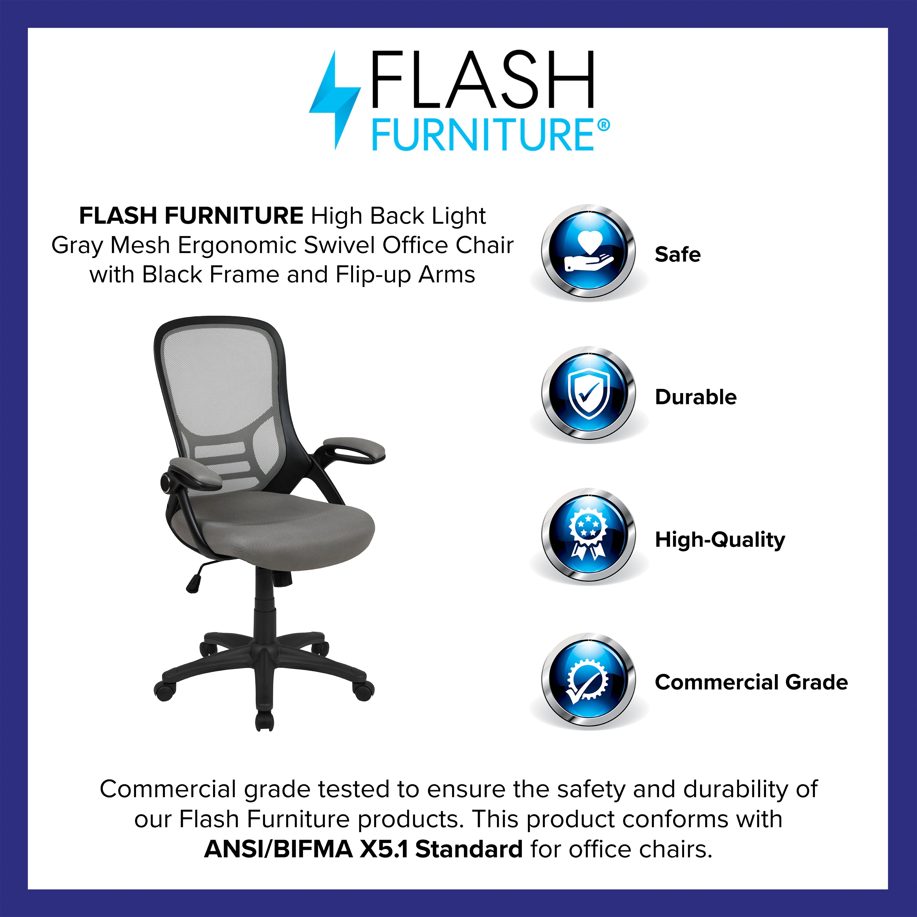 Porter High Back Light Gray Mesh Ergonomic Swivel Office Chair with Black Frame and Flip-up Arms