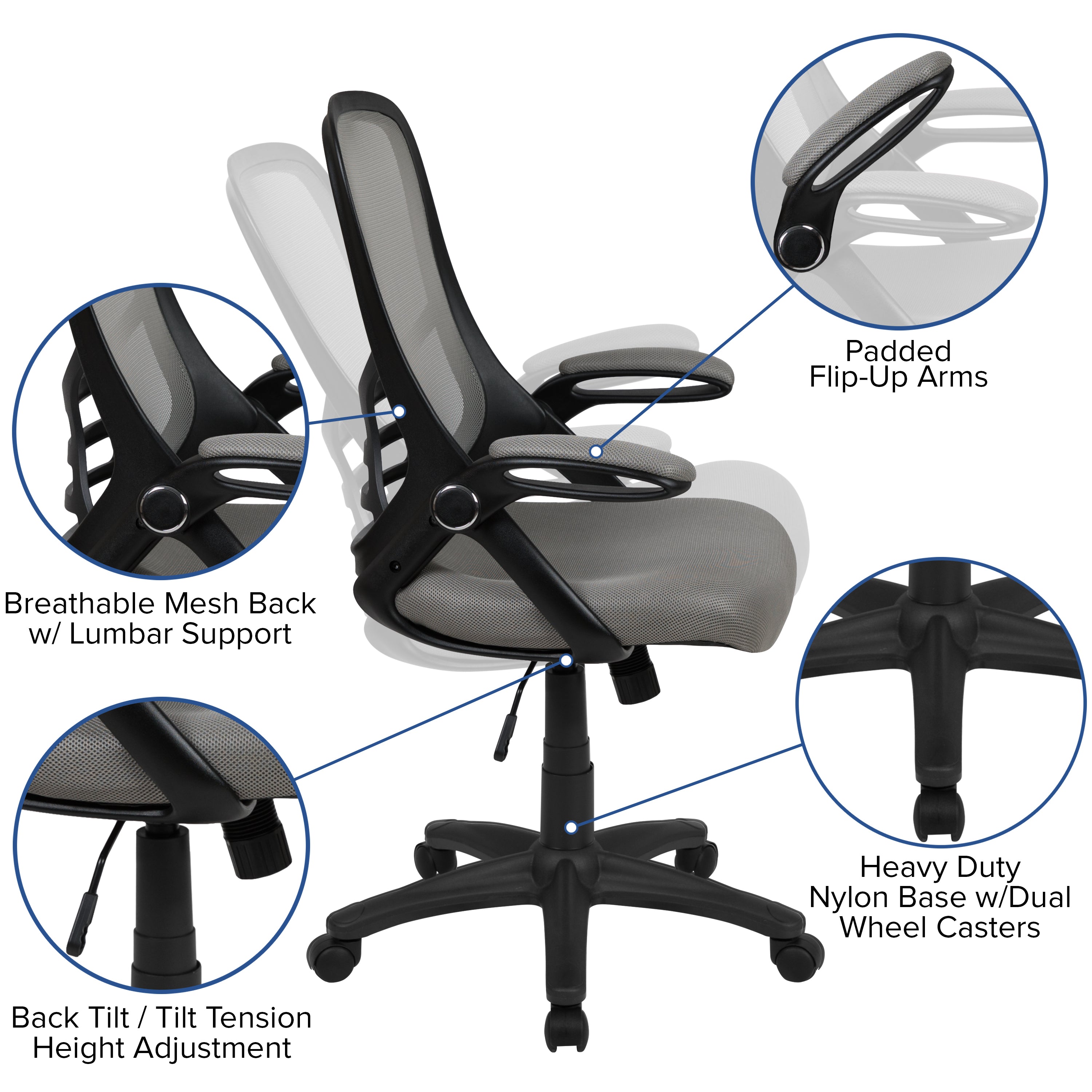 Porter High Back Light Gray Mesh Ergonomic Swivel Office Chair with Black Frame and Flip-up Arms