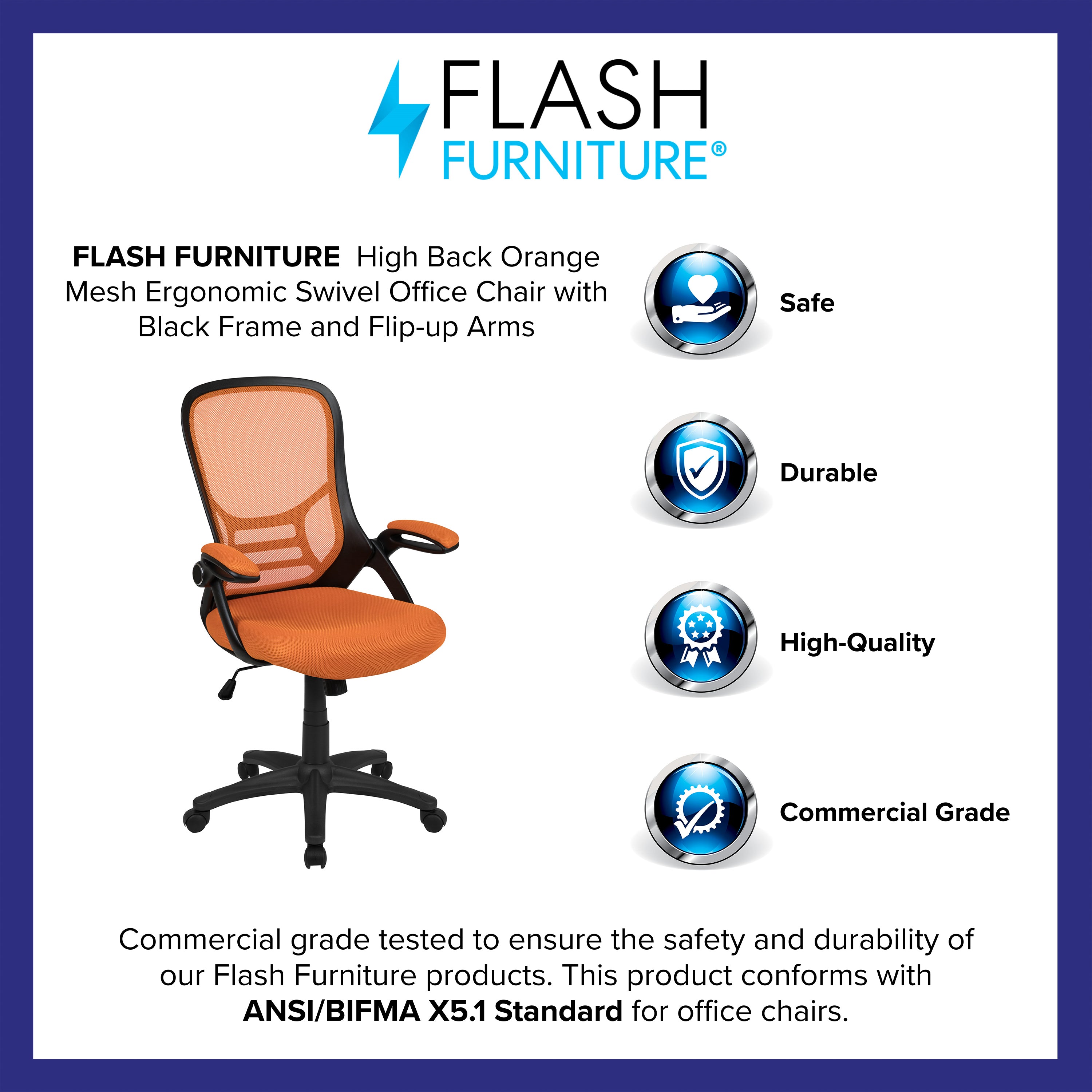 Porter High Back Orange Mesh Ergonomic Swivel Office Chair with Black Frame and Flip-up Arms
