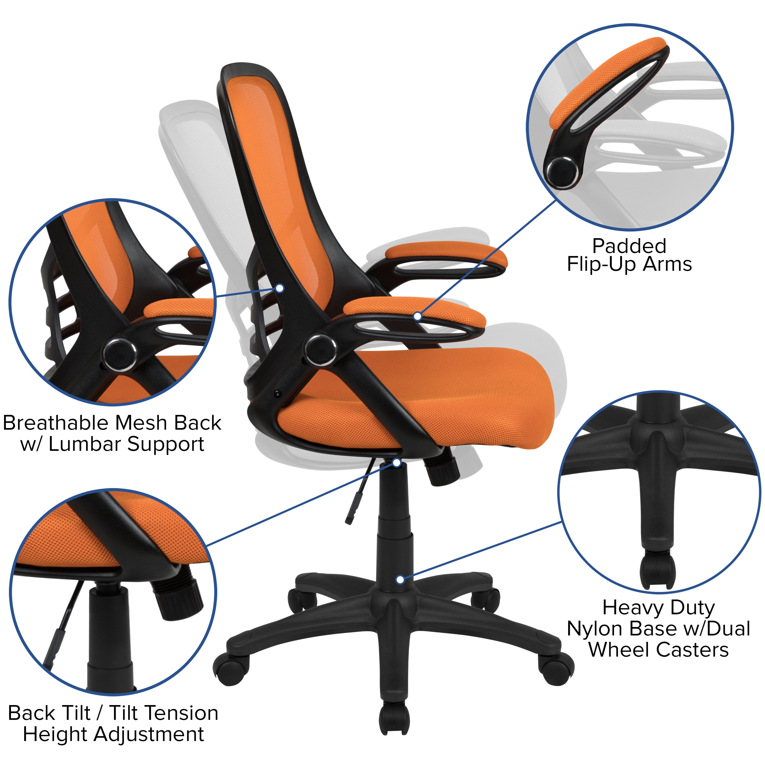 Porter High Back Orange Mesh Ergonomic Swivel Office Chair with Black Frame and Flip-up Arms