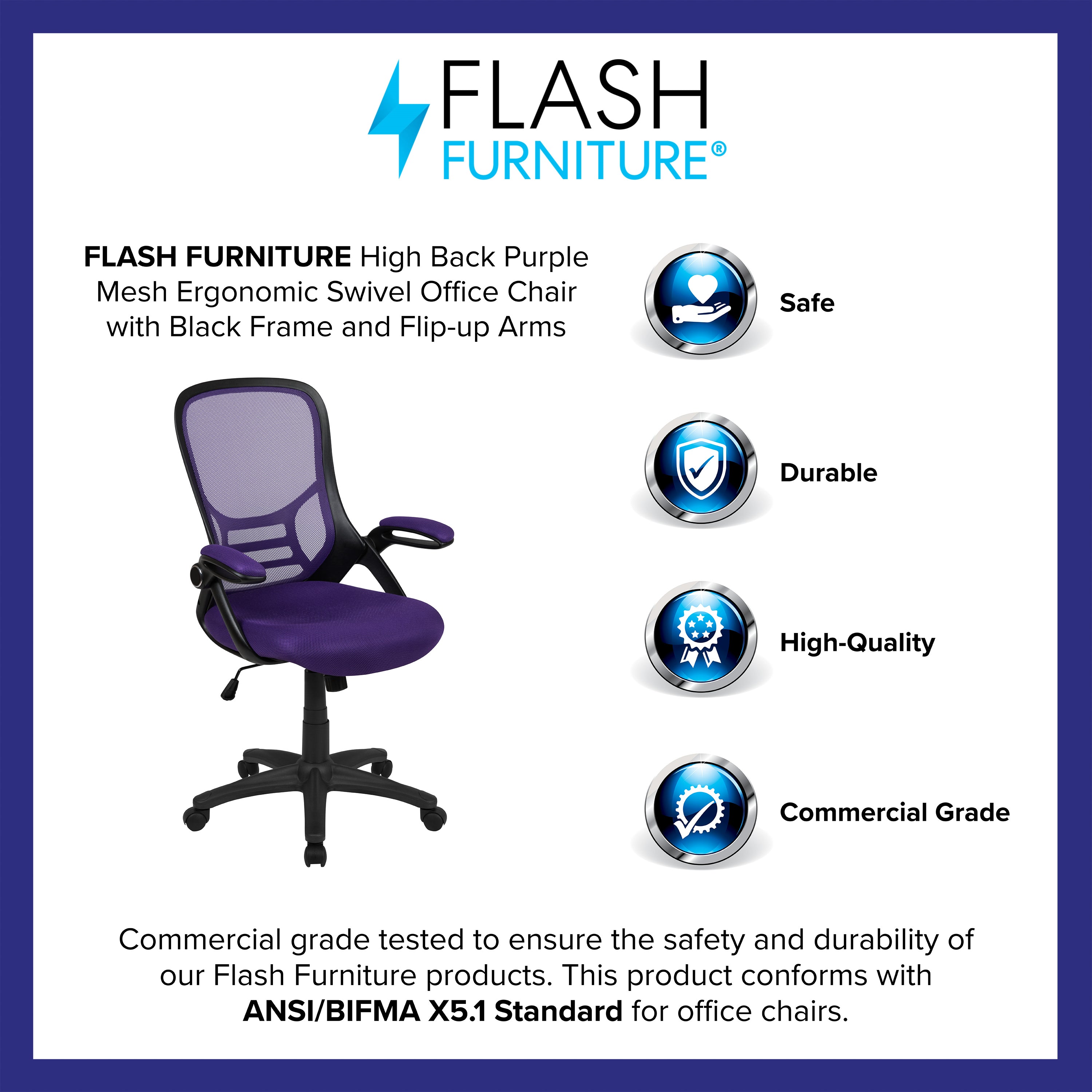 Porter High Back Purple Mesh Ergonomic Swivel Office Chair with Black Frame and Flip-up Arms