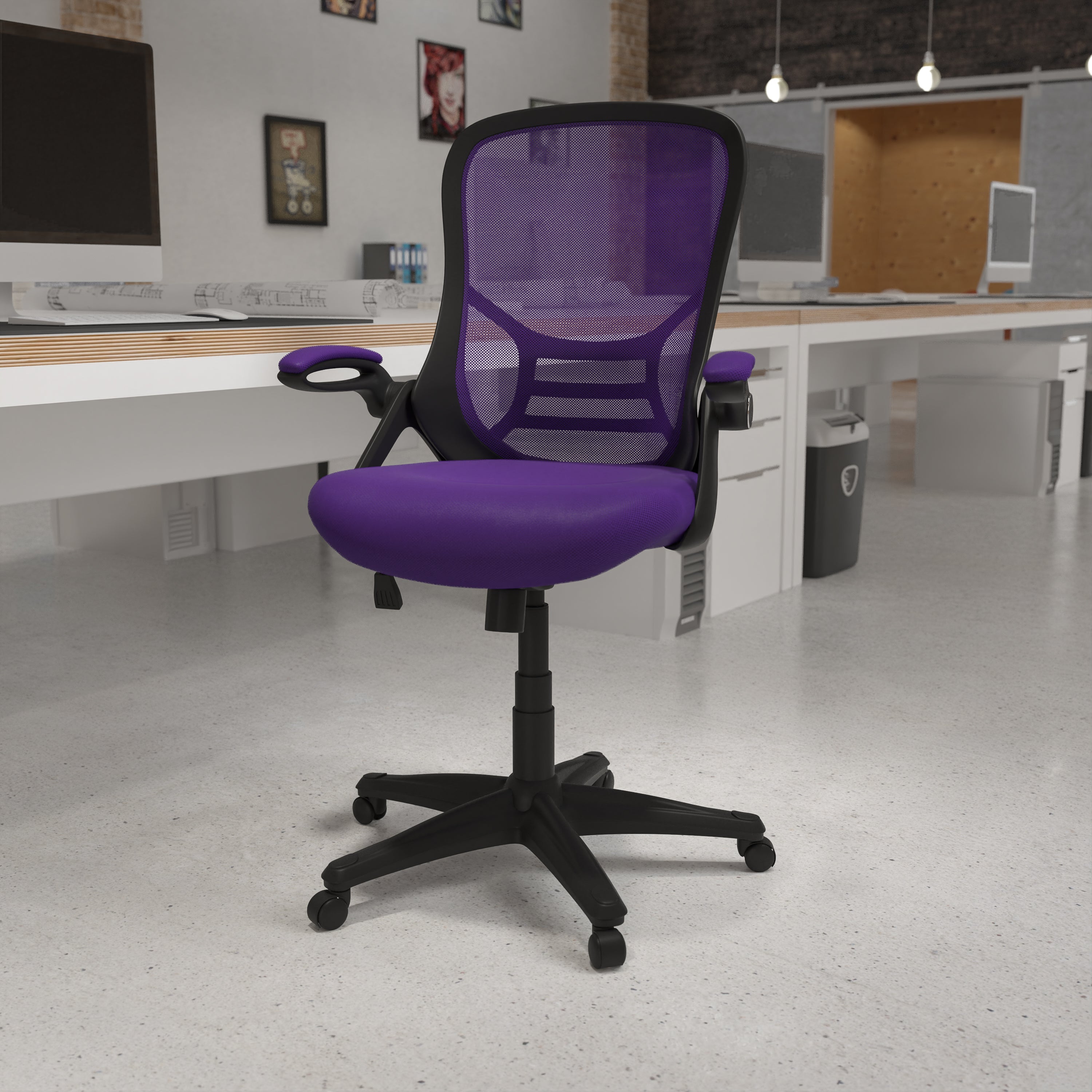 Porter High Back Purple Mesh Ergonomic Swivel Office Chair with Black Frame and Flip-up Arms