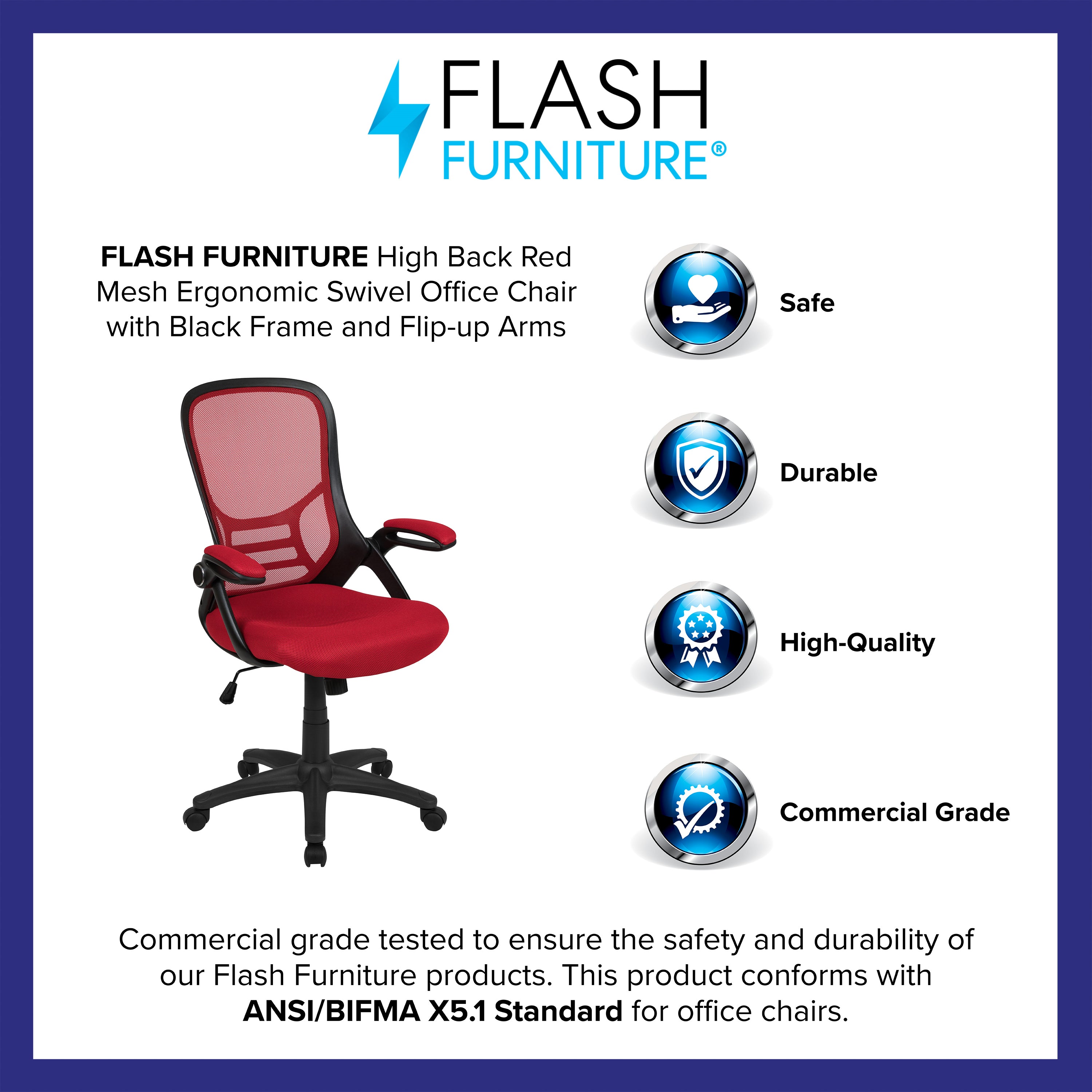 Porter High Back Red Mesh Ergonomic Swivel Office Chair with Black Frame and Flip-up Arms
