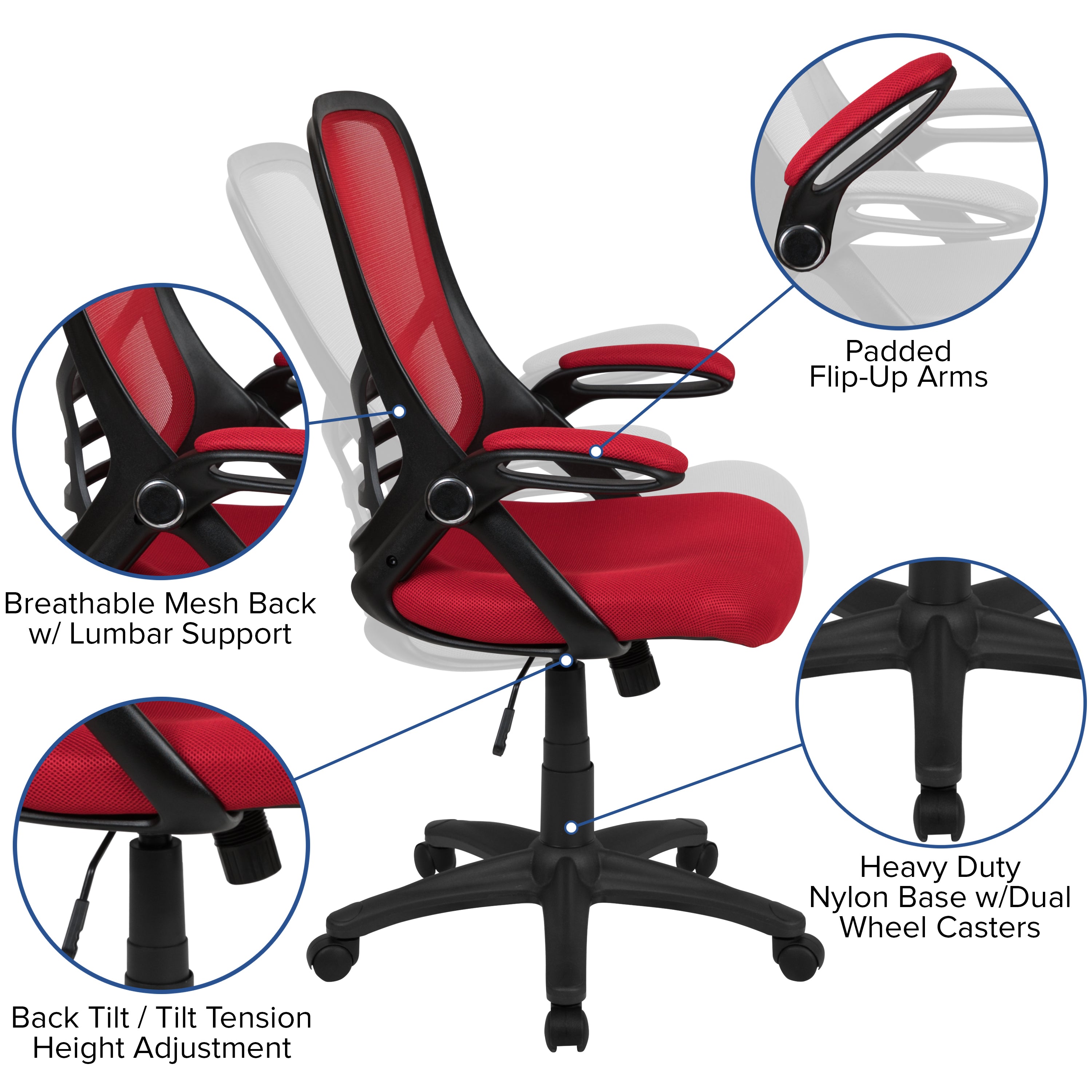 Porter High Back Red Mesh Ergonomic Swivel Office Chair with Black Frame and Flip-up Arms
