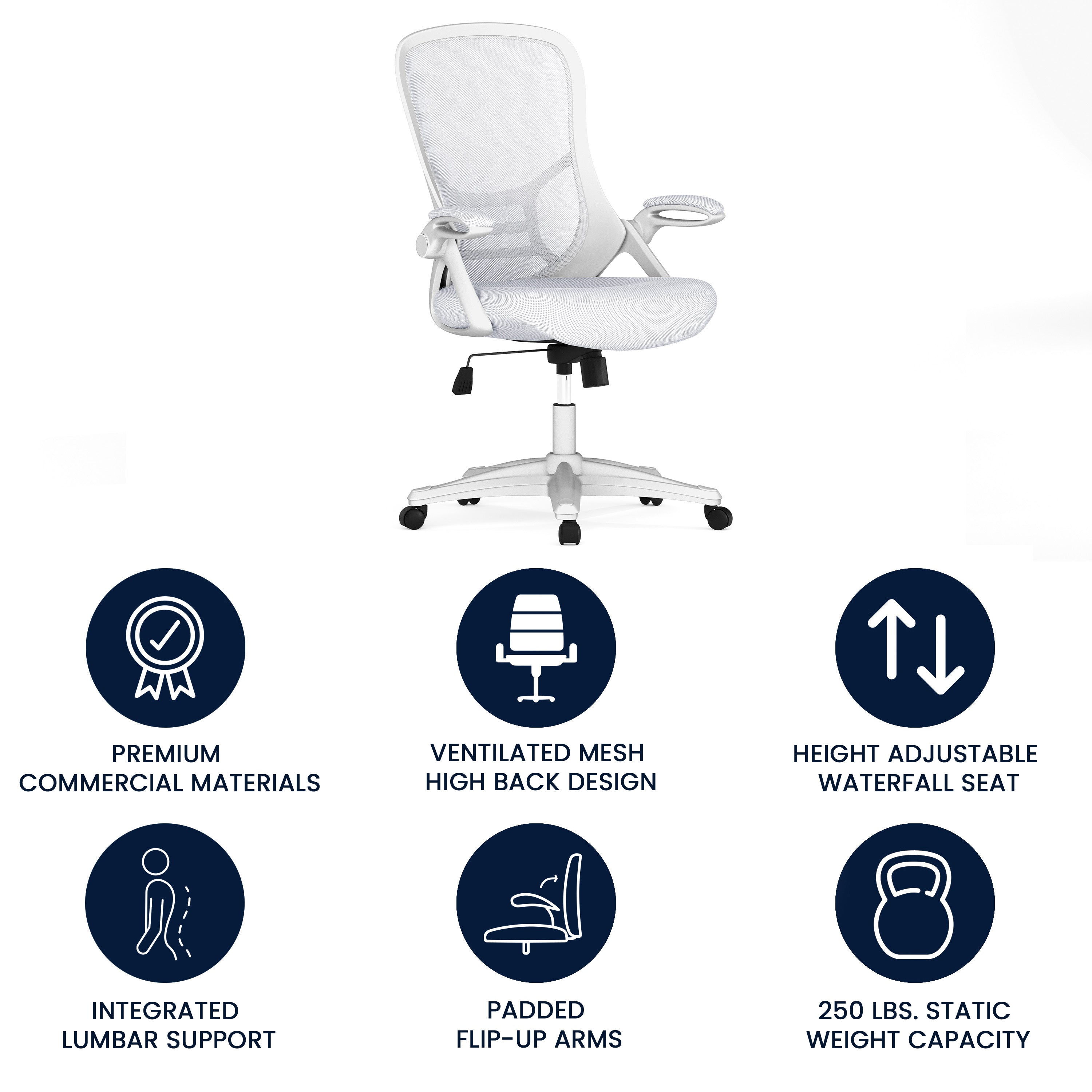 Porter High Back White Mesh Ergonomic Swivel Office Chair with White Frame and Flip-up Arms