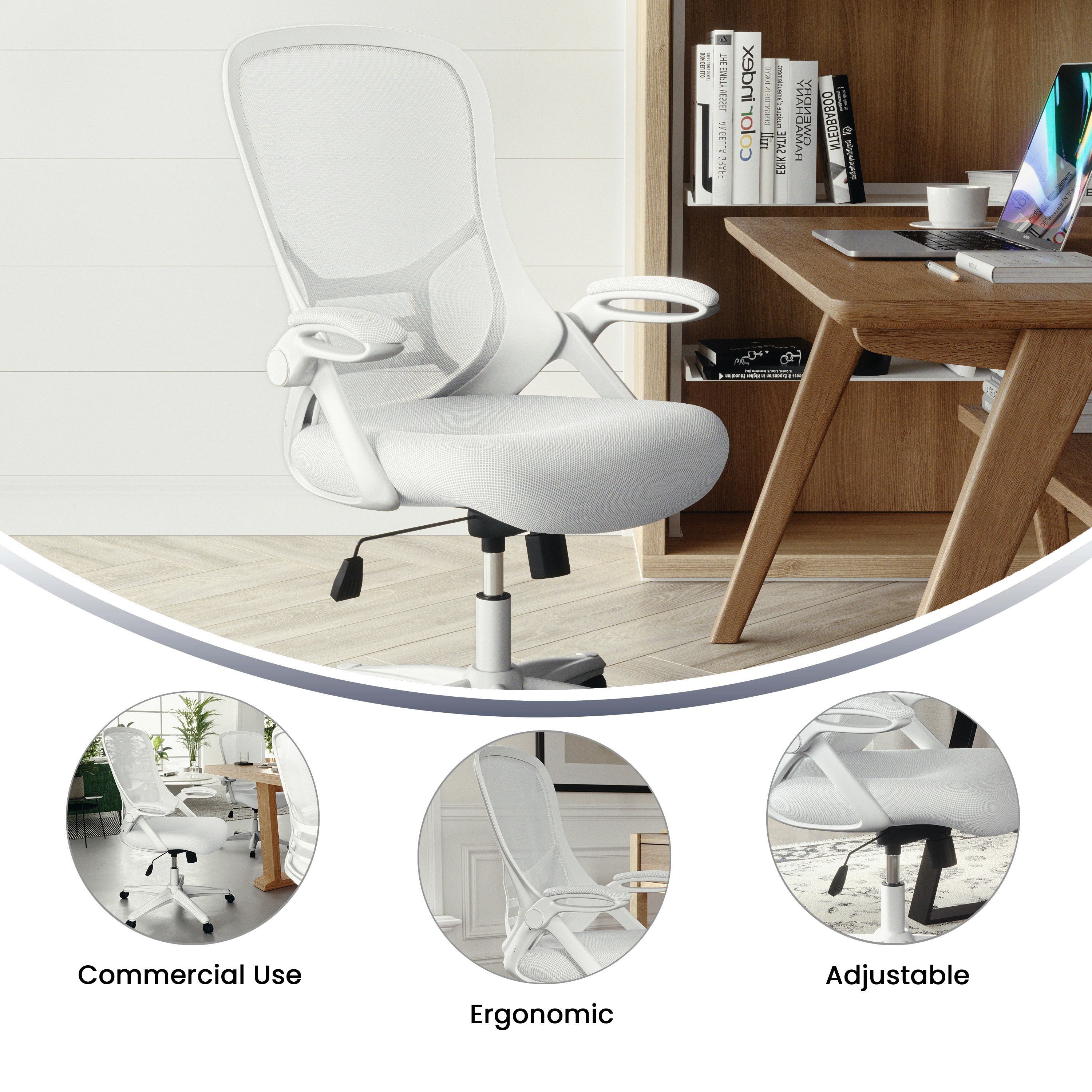 Porter High Back White Mesh Ergonomic Swivel Office Chair with White Frame and Flip-up Arms
