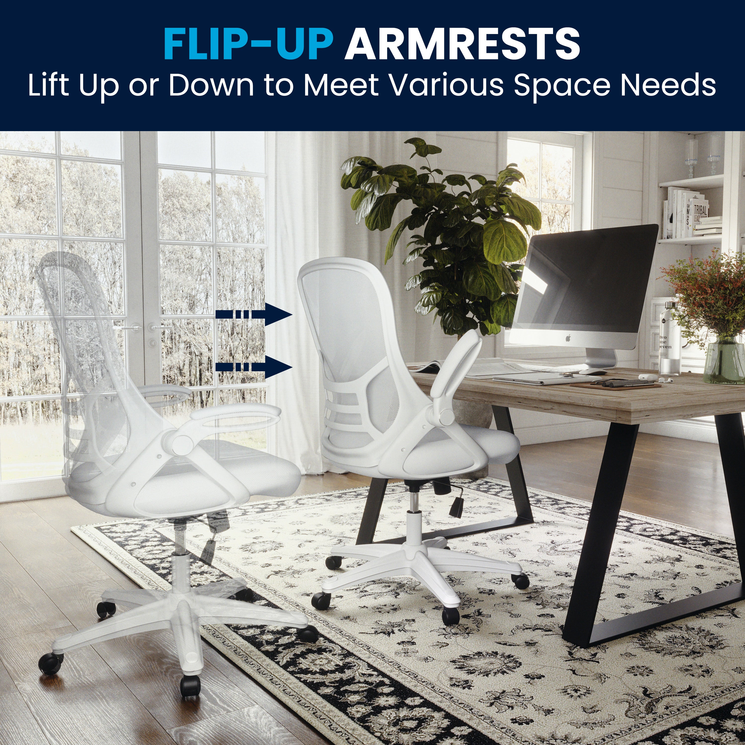 Porter High Back White Mesh Ergonomic Swivel Office Chair with White Frame and Flip-up Arms