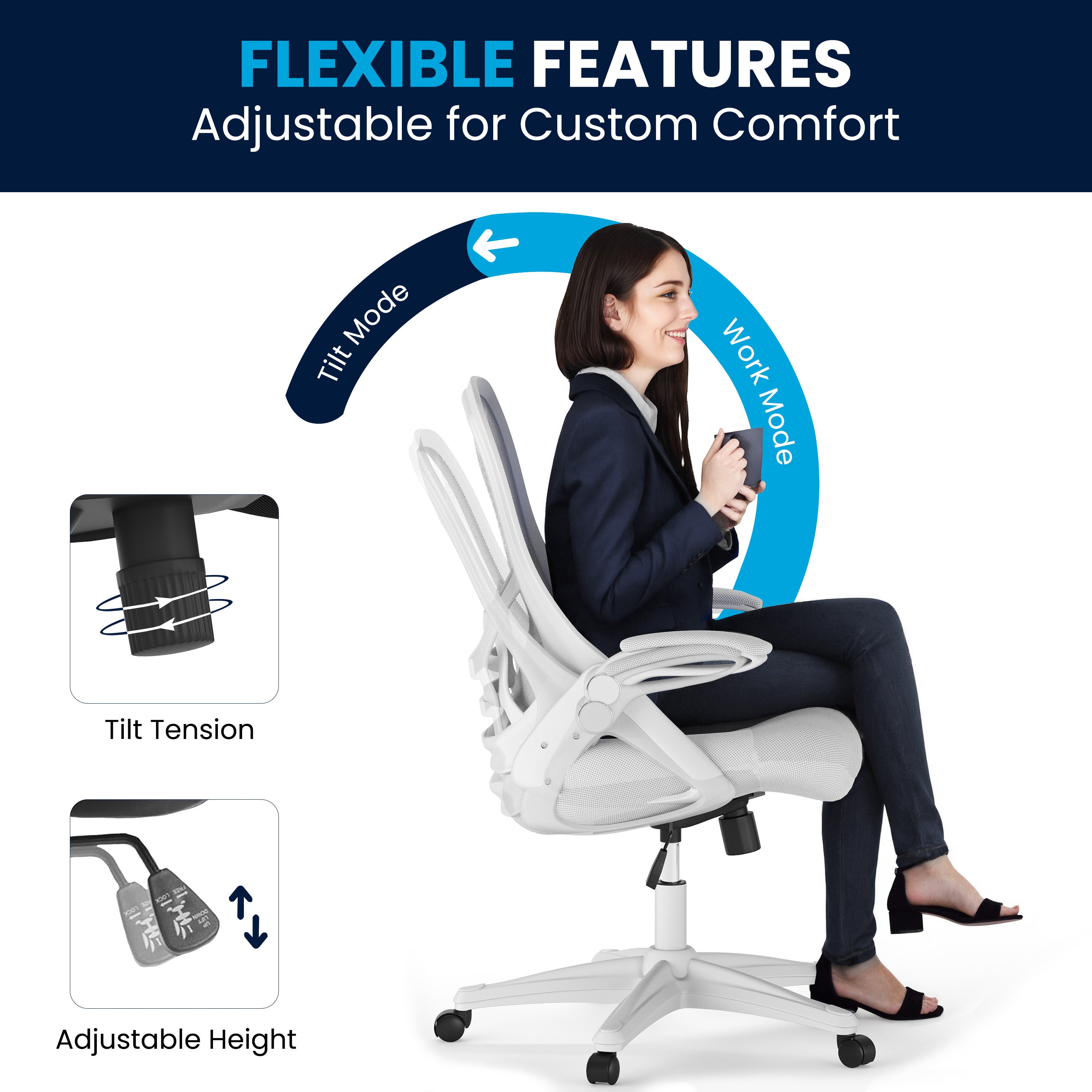 Porter High Back White Mesh Ergonomic Swivel Office Chair with White Frame and Flip-up Arms